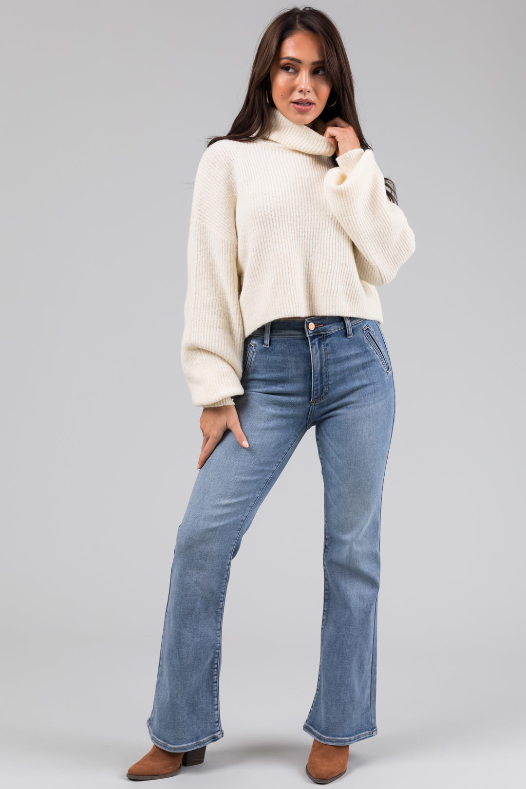 Sneak Peek Medium Light Wash Stretchy Slim Bootcut Jeans | Lime Lush