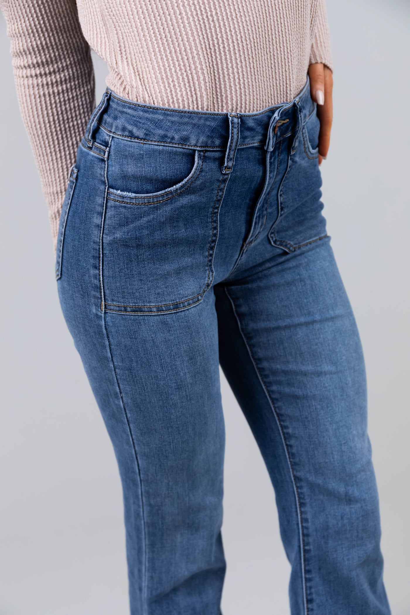 Sneak Peek Medium Wash Mid Rise Flare Jeans