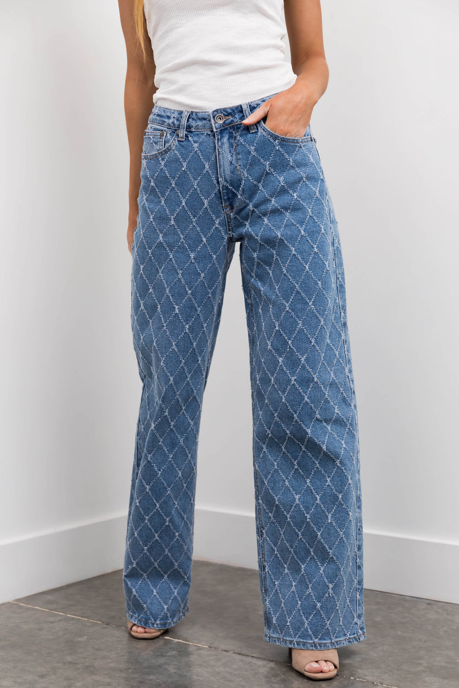 Special A Medium Wash Quilted Pattern Jeans