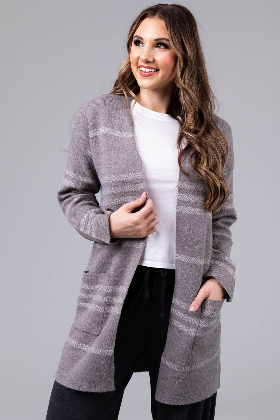 Stone Striped Open Front Knit Cardigan