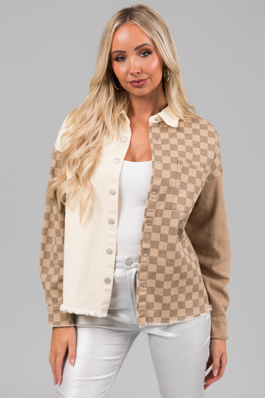 Taupe Checkered Contrast Button Down Shacket