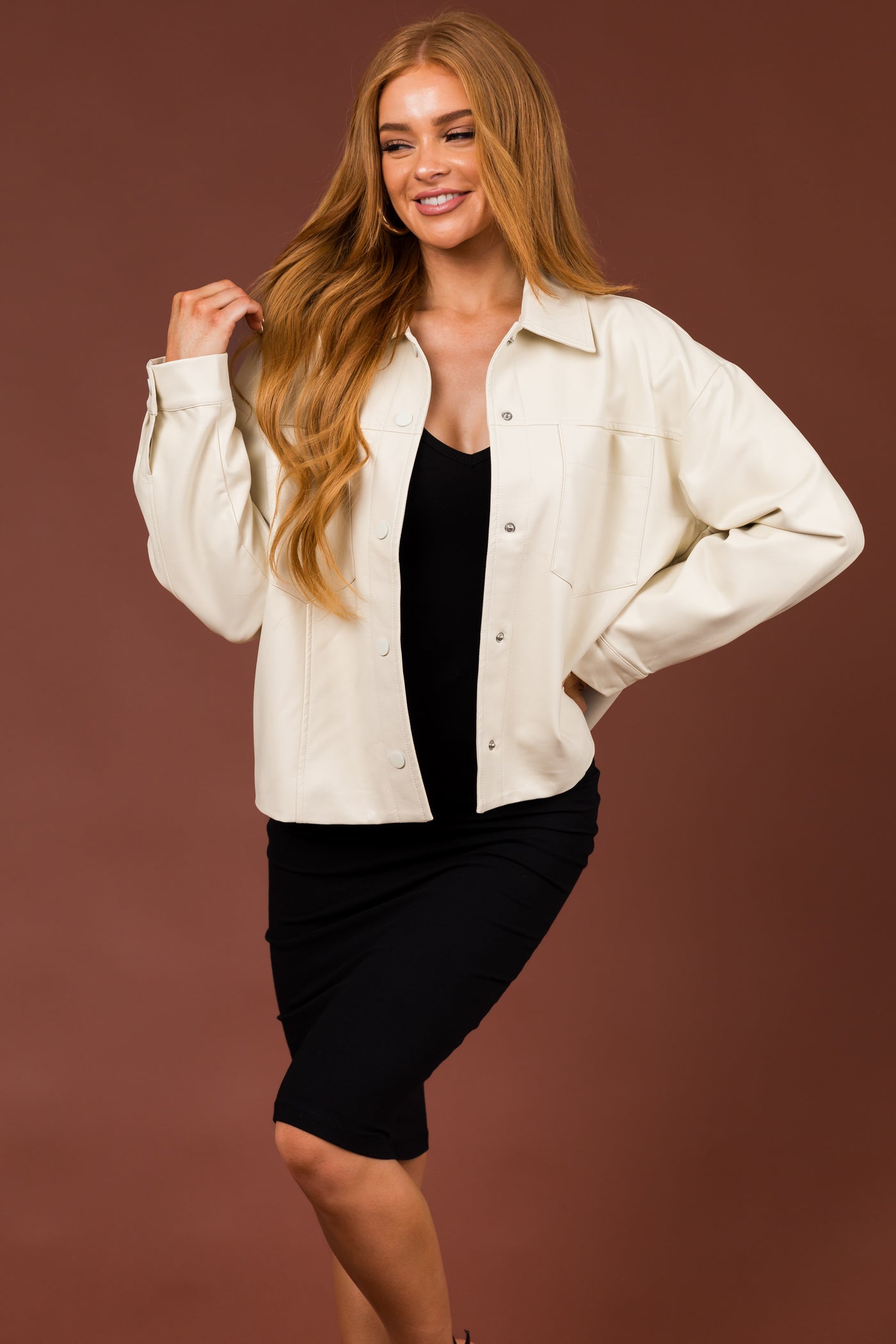 Vanilla Faux Leather Button Down Shacket