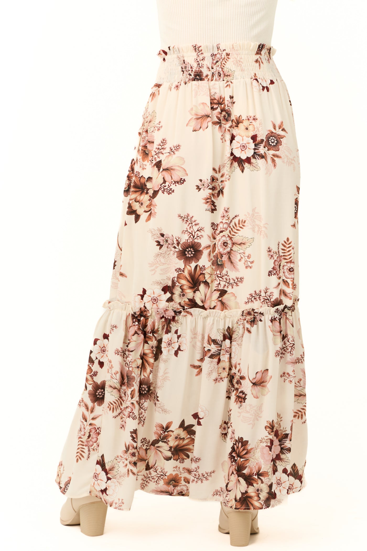 Vanilla Floral Print Smocked Waist Maxi Skirt