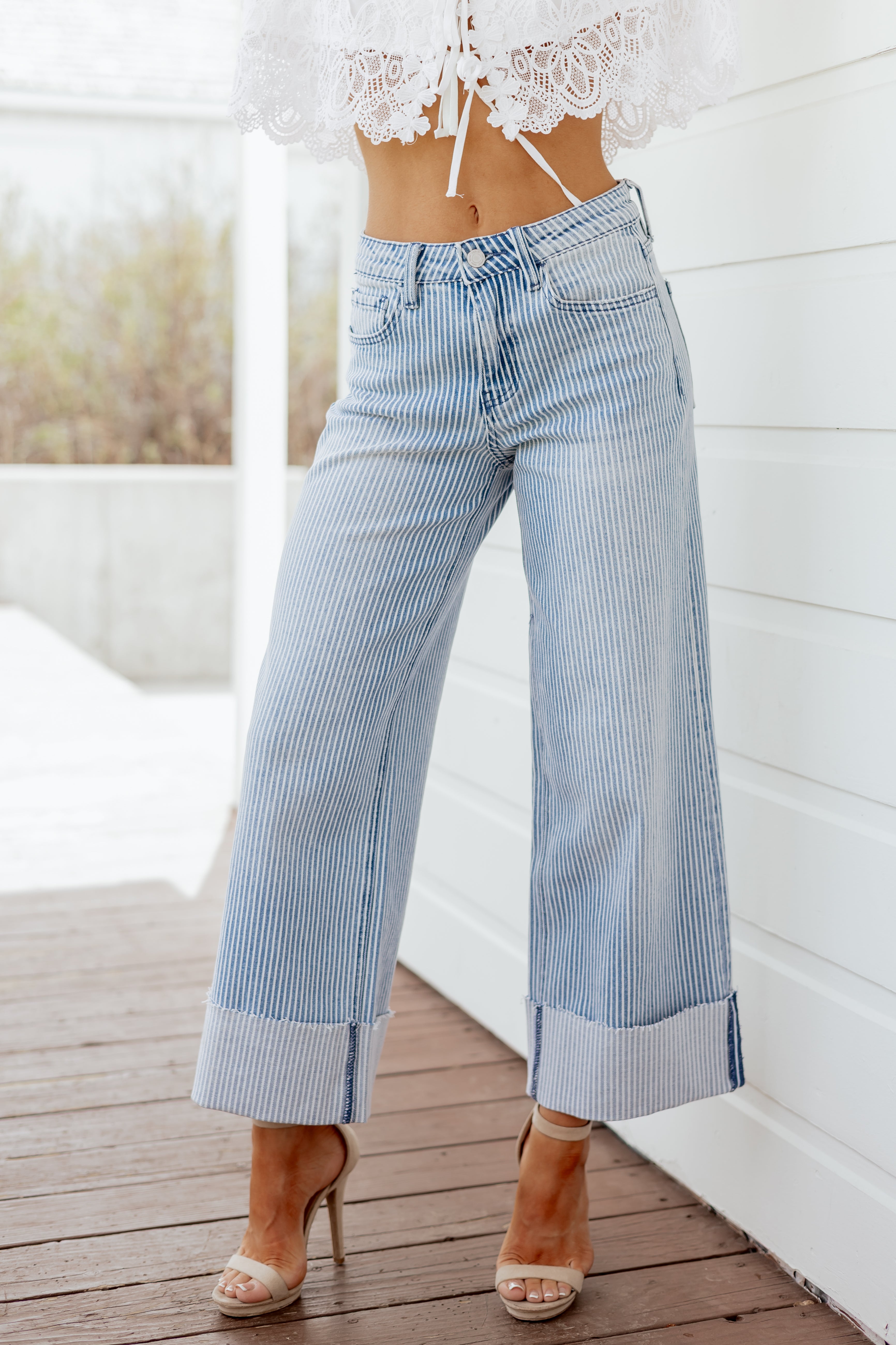 Vervet Light Wash Striped Cuffed Wide Stretch Jeans | Lime Lush