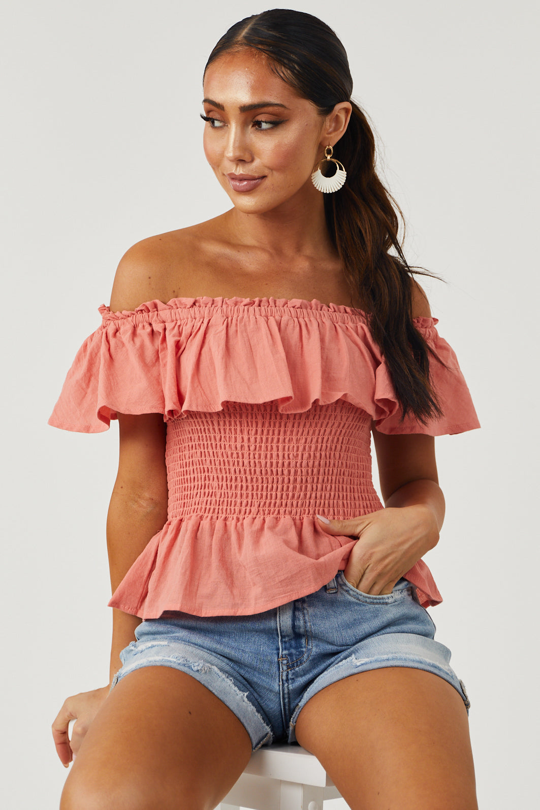 Pink smocked off the shoulder top store