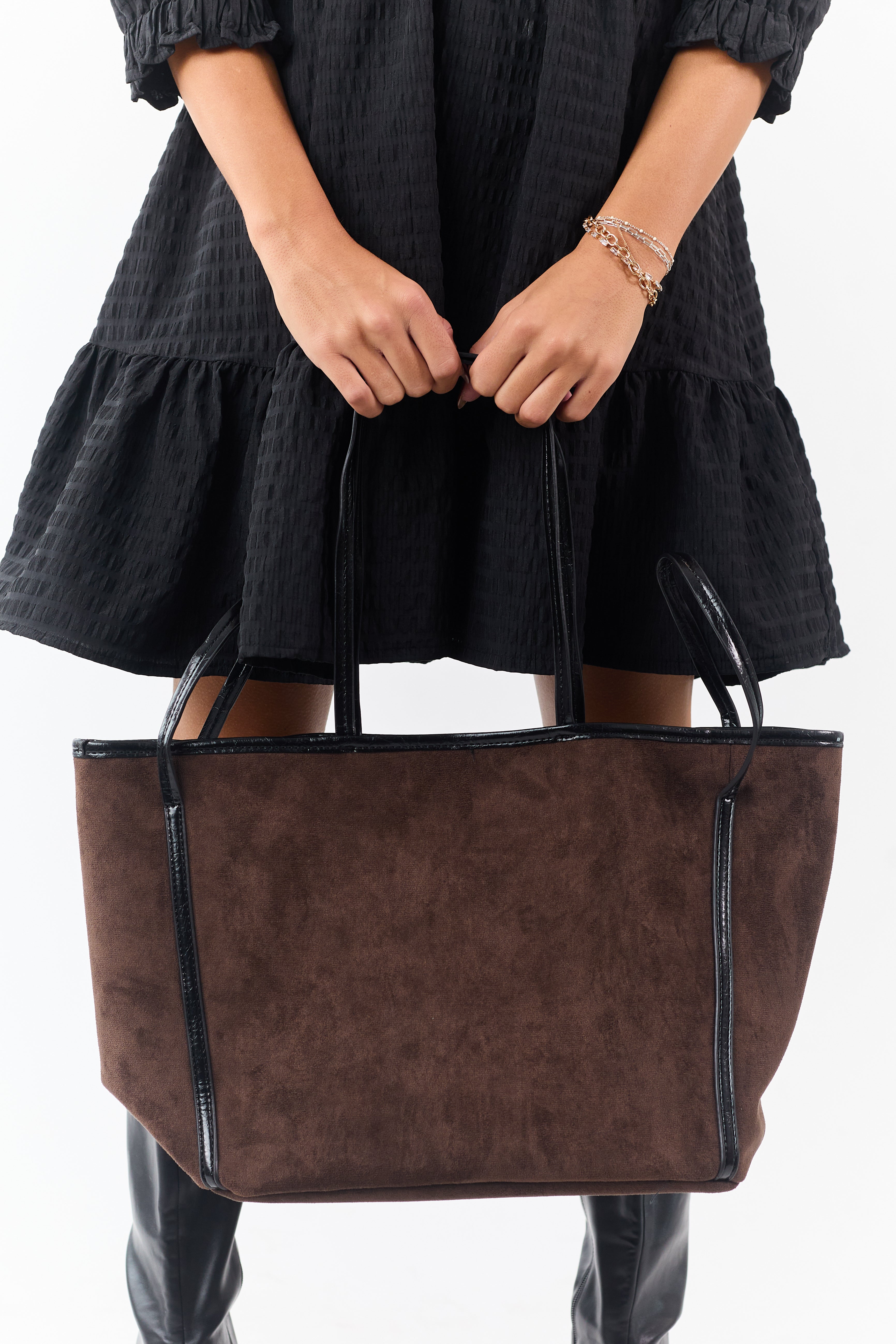 Walnut Faux Suede Contrast Strap Tote Bag | Lime Lush Boutique