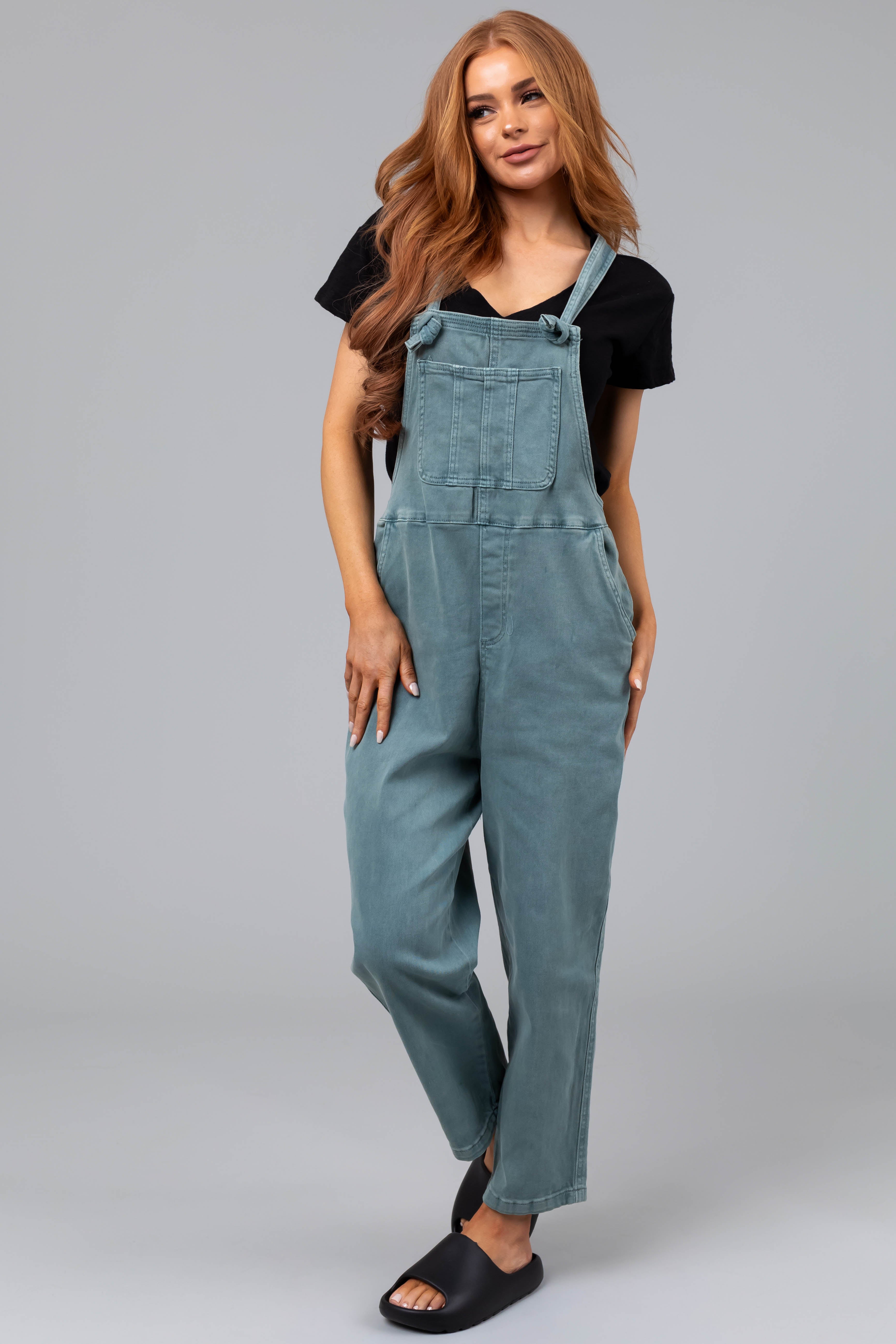 Washed Juniper Knot Strap Denim Overalls Lime Lush Boutique