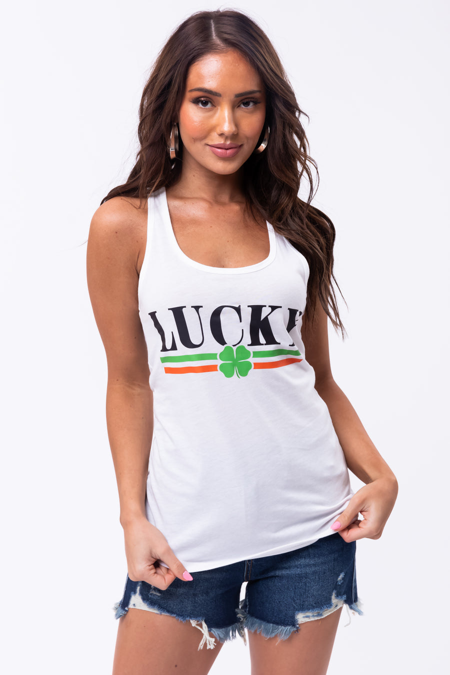 White 'Lucky' Clover Graphic Racerback Tank Top