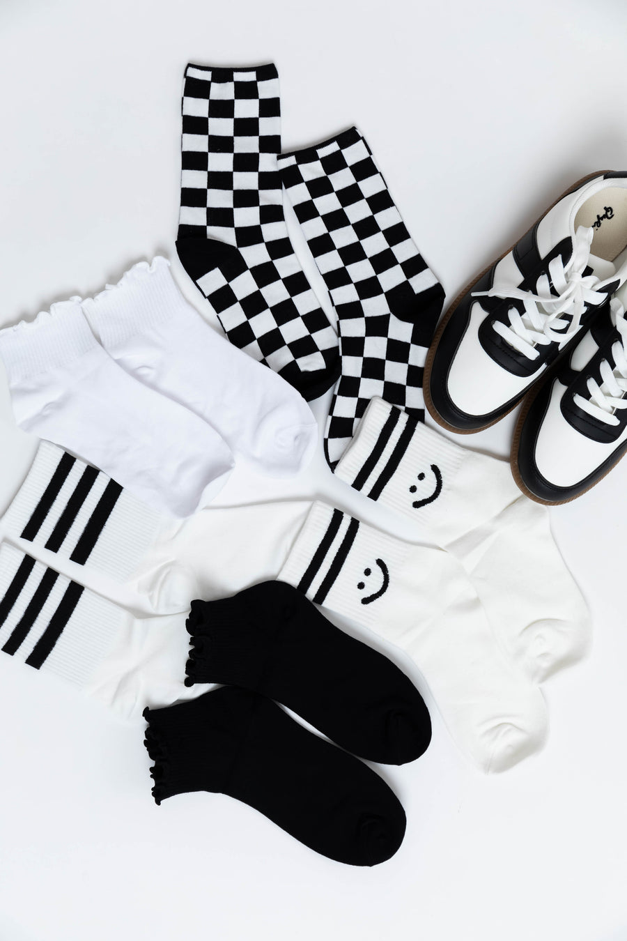 White and Black Stripe Ribbed Crew Socks