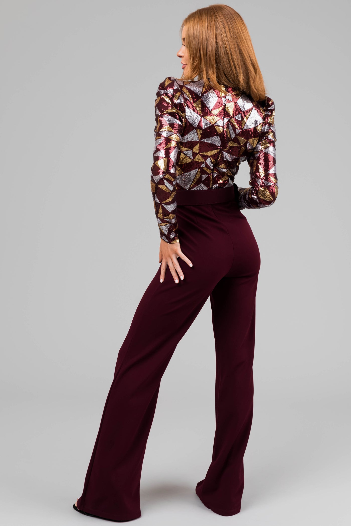 Wine Abstract Sequin Print Wide Leg Jumpsuit