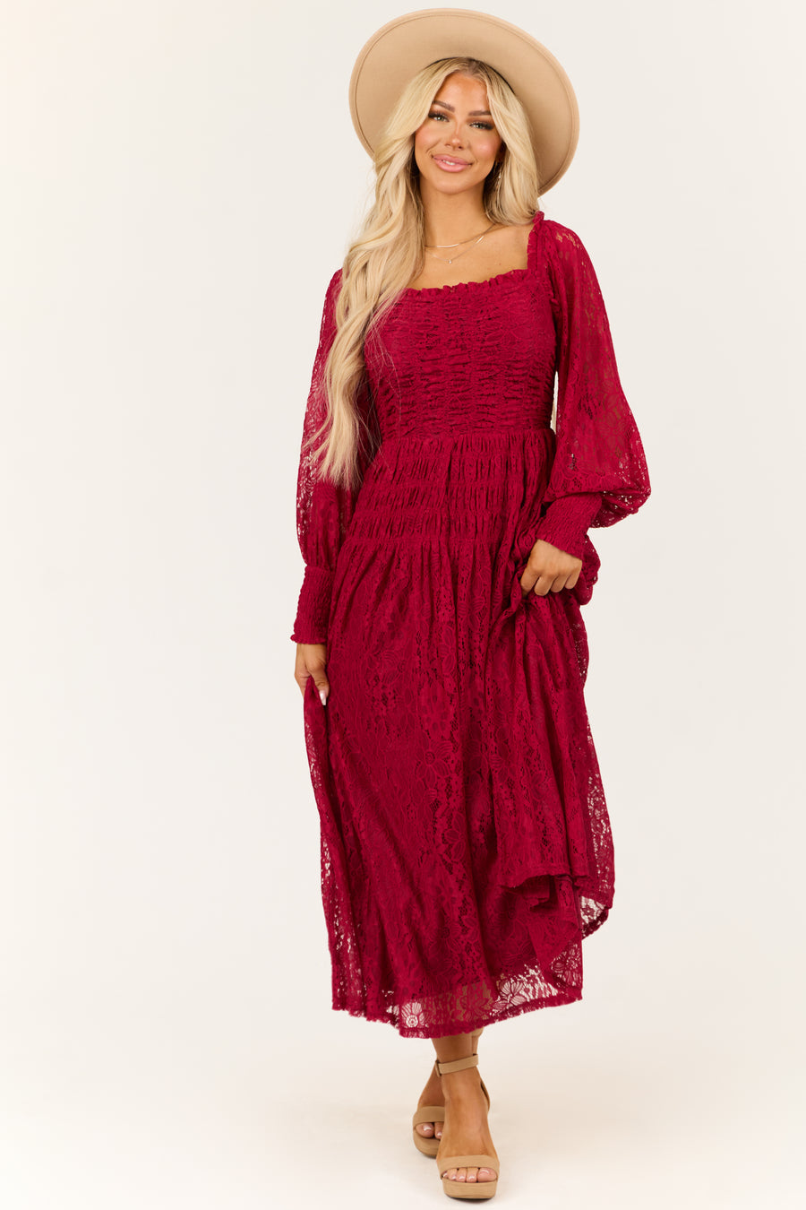 Wine Smocked Bubble Sleeve Lace Maxi Dress | Lime Lush Boutique Wine Smocked Bubble Sleeve Lace Maxi Dress | Lime Lush Boutique