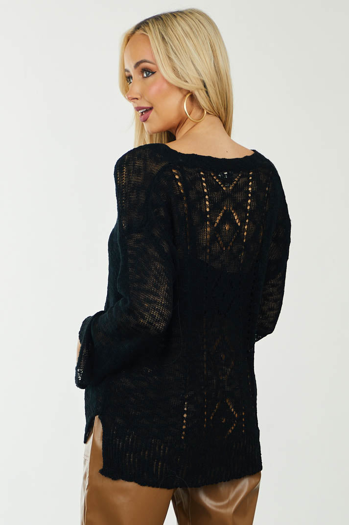 Black Lightweight Knit Sweater with Pointelle Details
