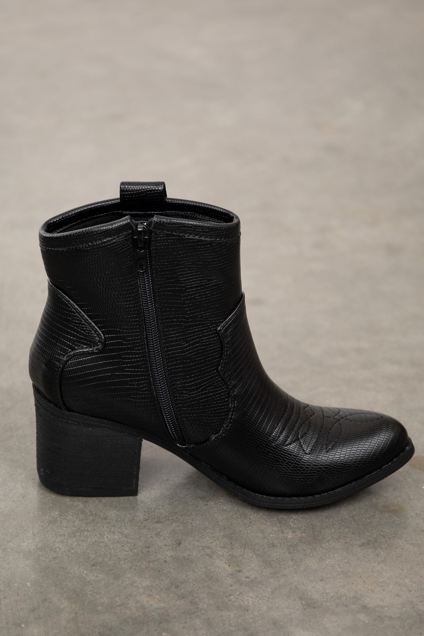 Black Textured Faux Leather Western Style Booties