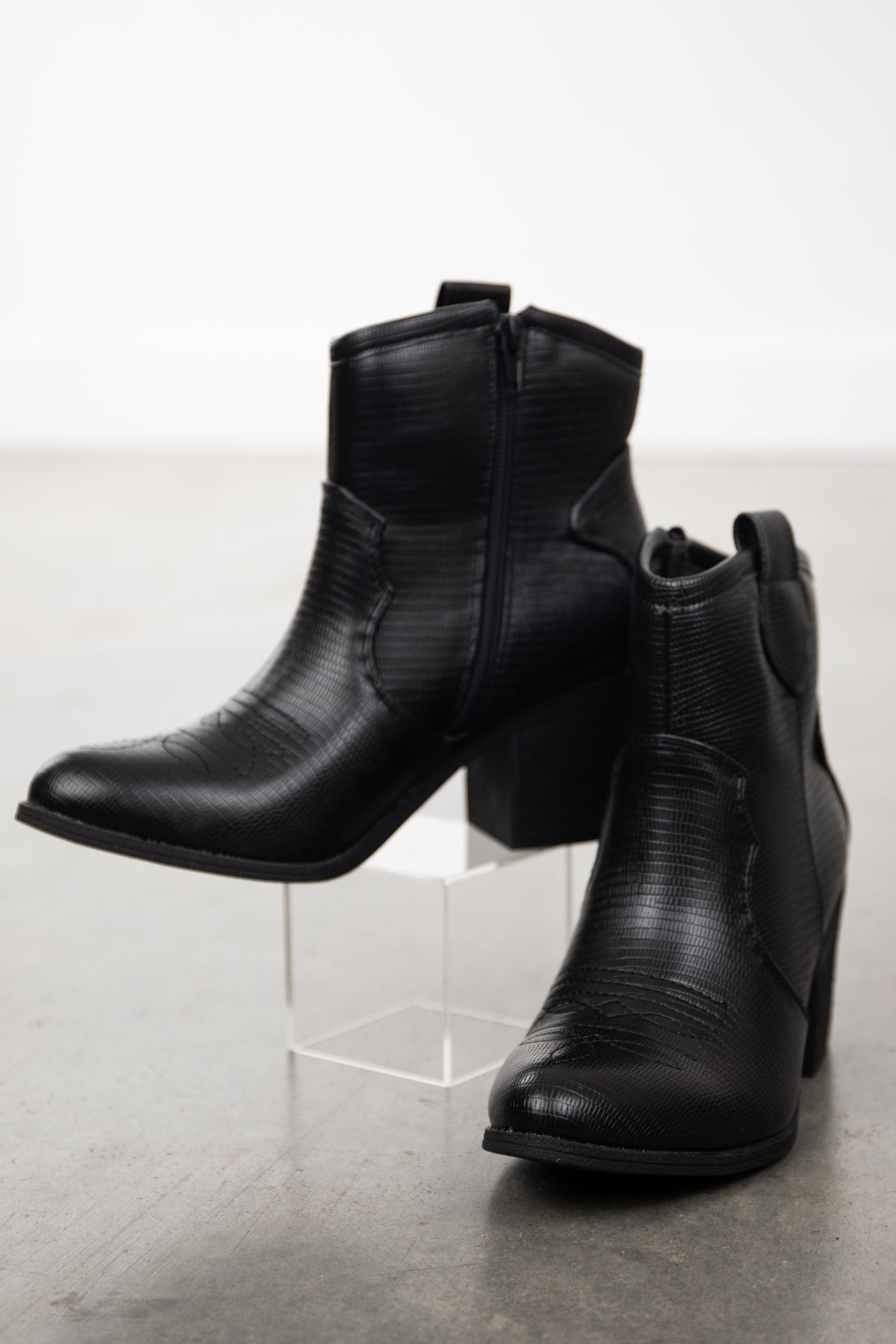 Black Textured Faux Leather Western Style Booties