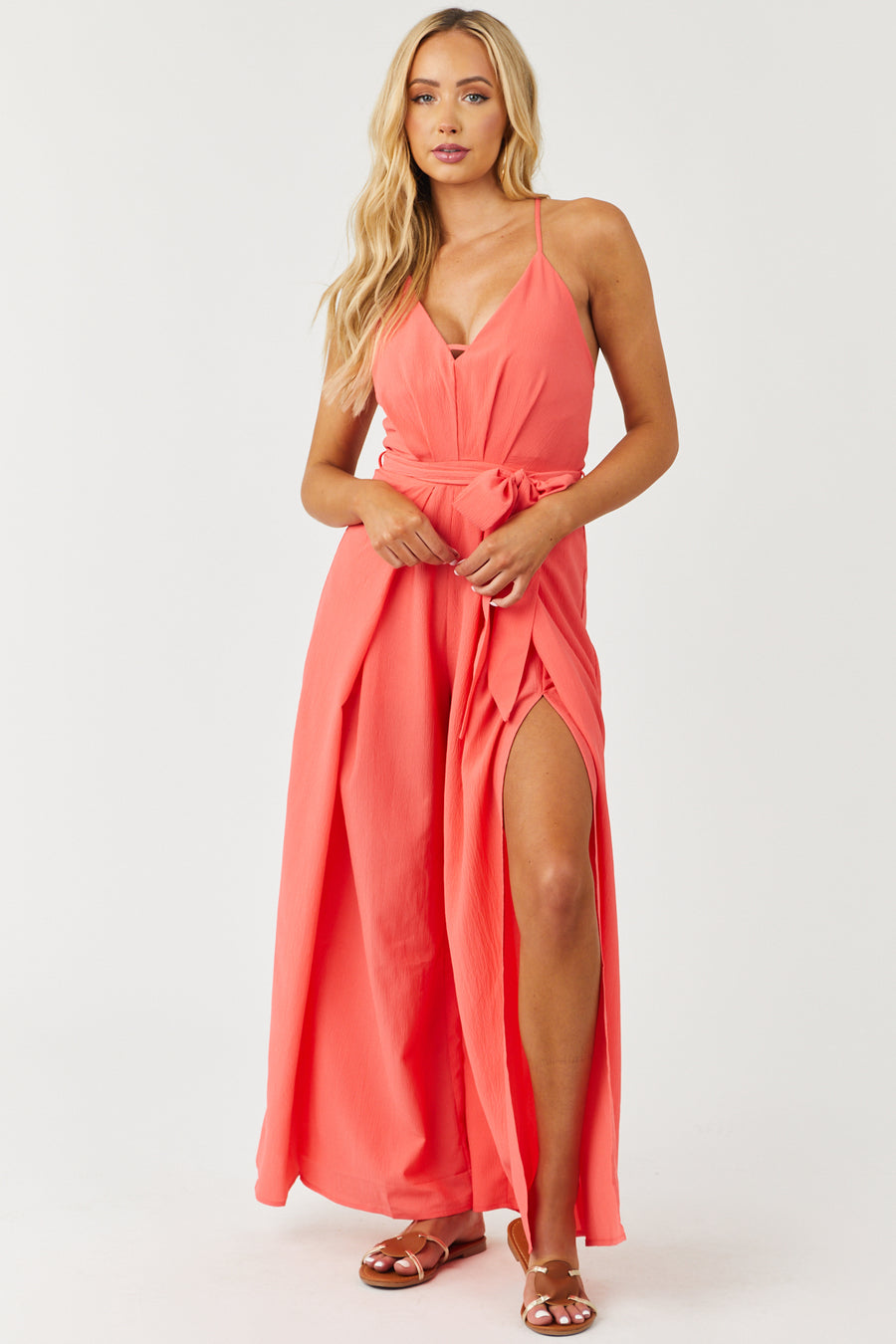 Bright Coral Sleeveless Wide Leg Jumpsuit
