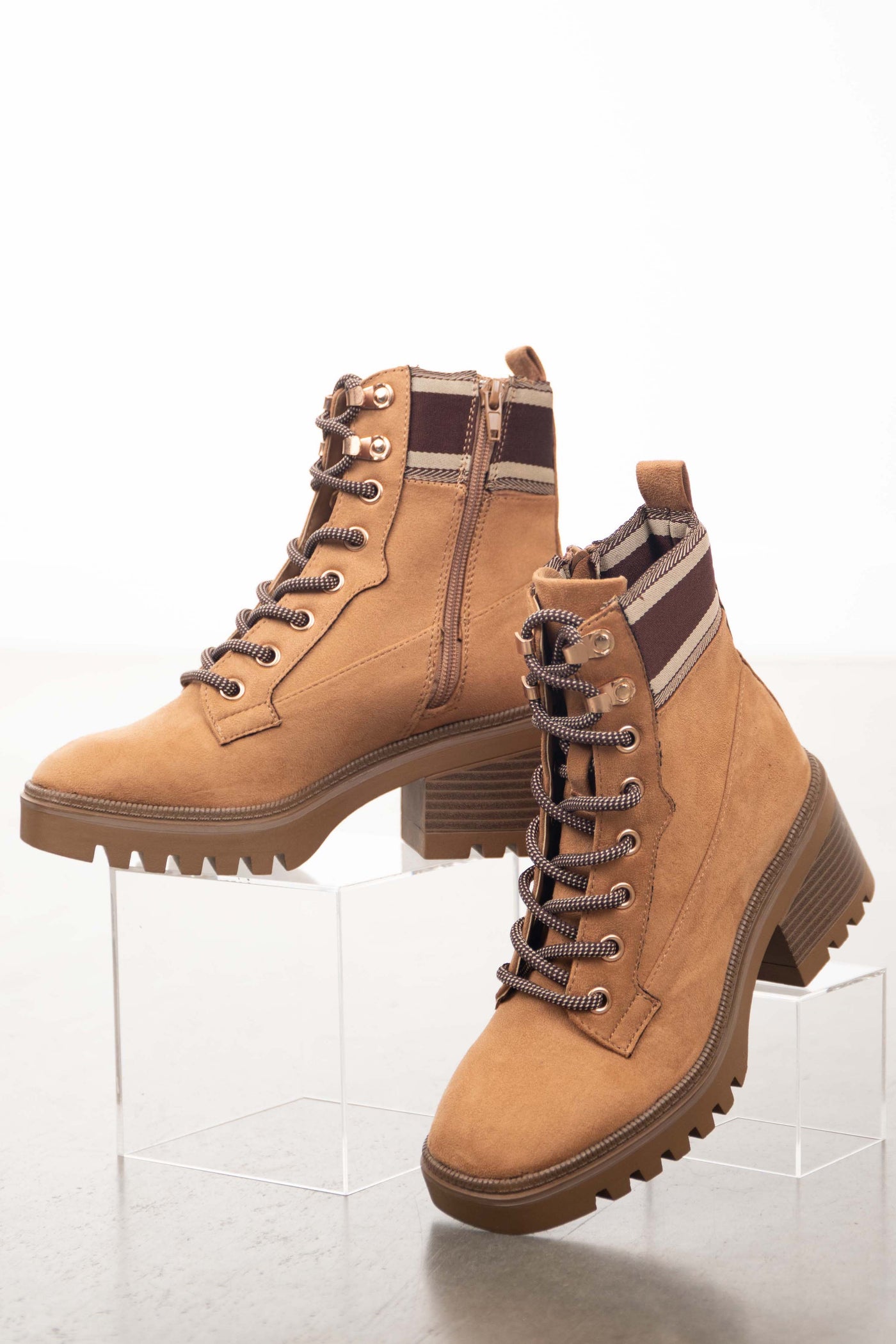 Camel Faux Suede Lace Up Lug Sole Booties