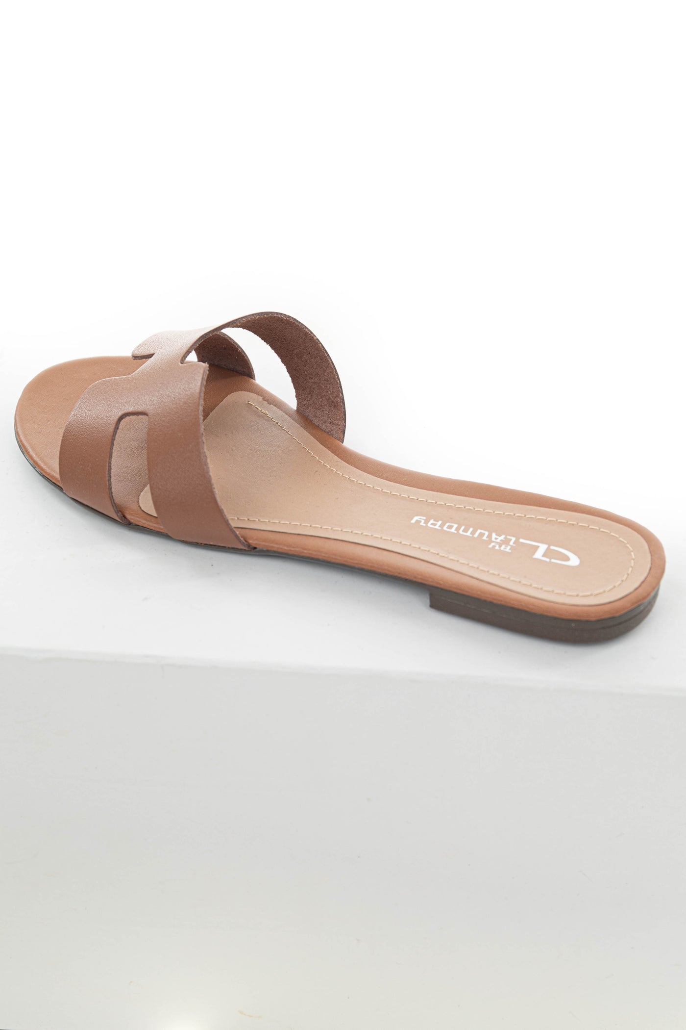 Cognac Leather Geometric Strap Flat Sandals