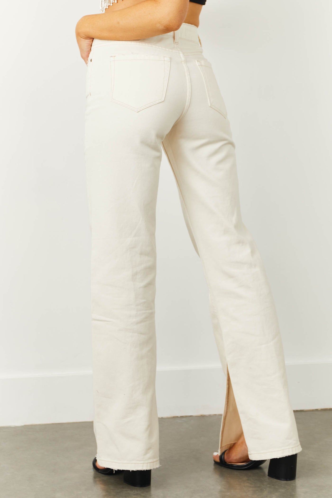 Cream High Rise 90s Flare Jeans with Side Slits