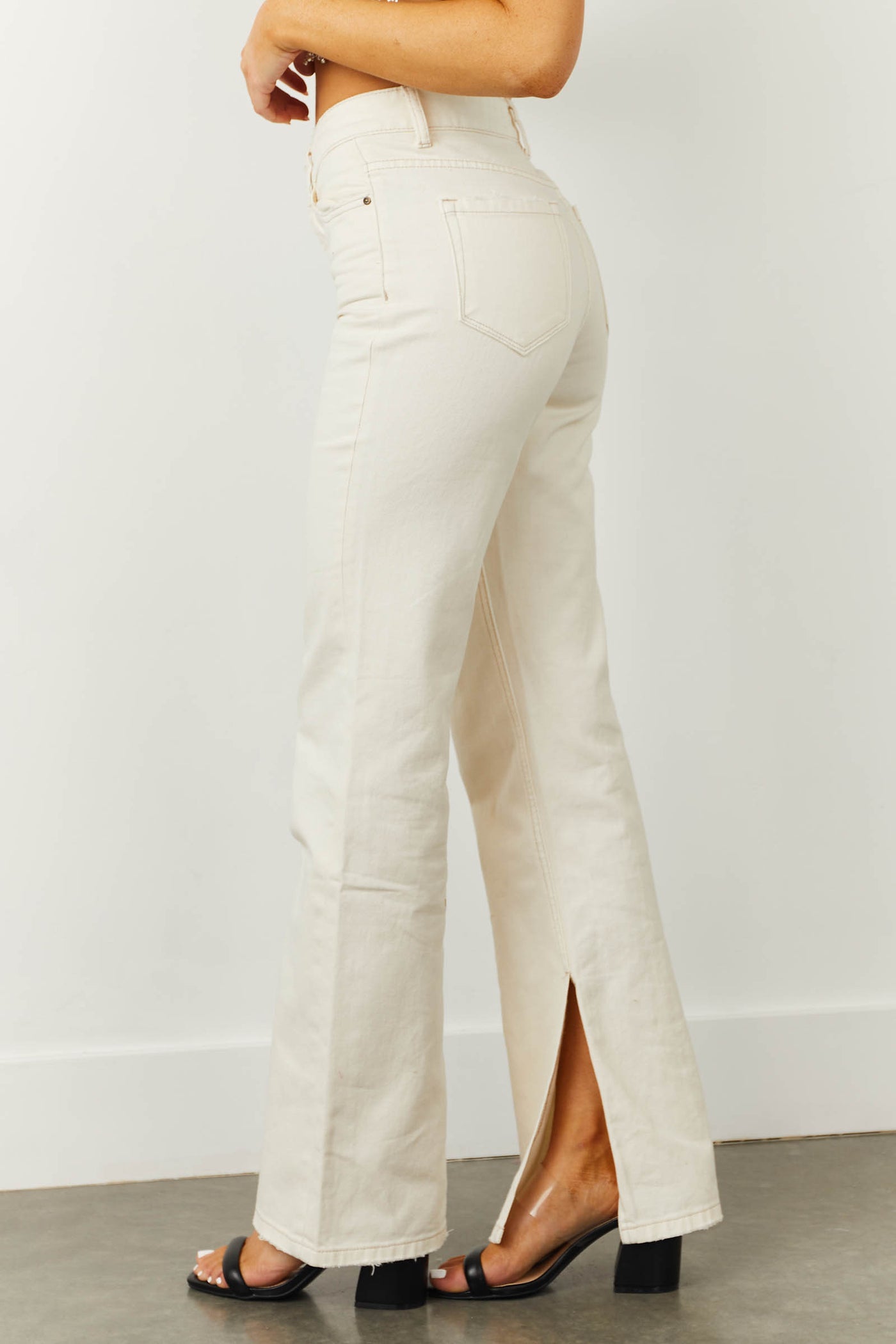 Cream High Rise 90s Flare Jeans with Side Slits