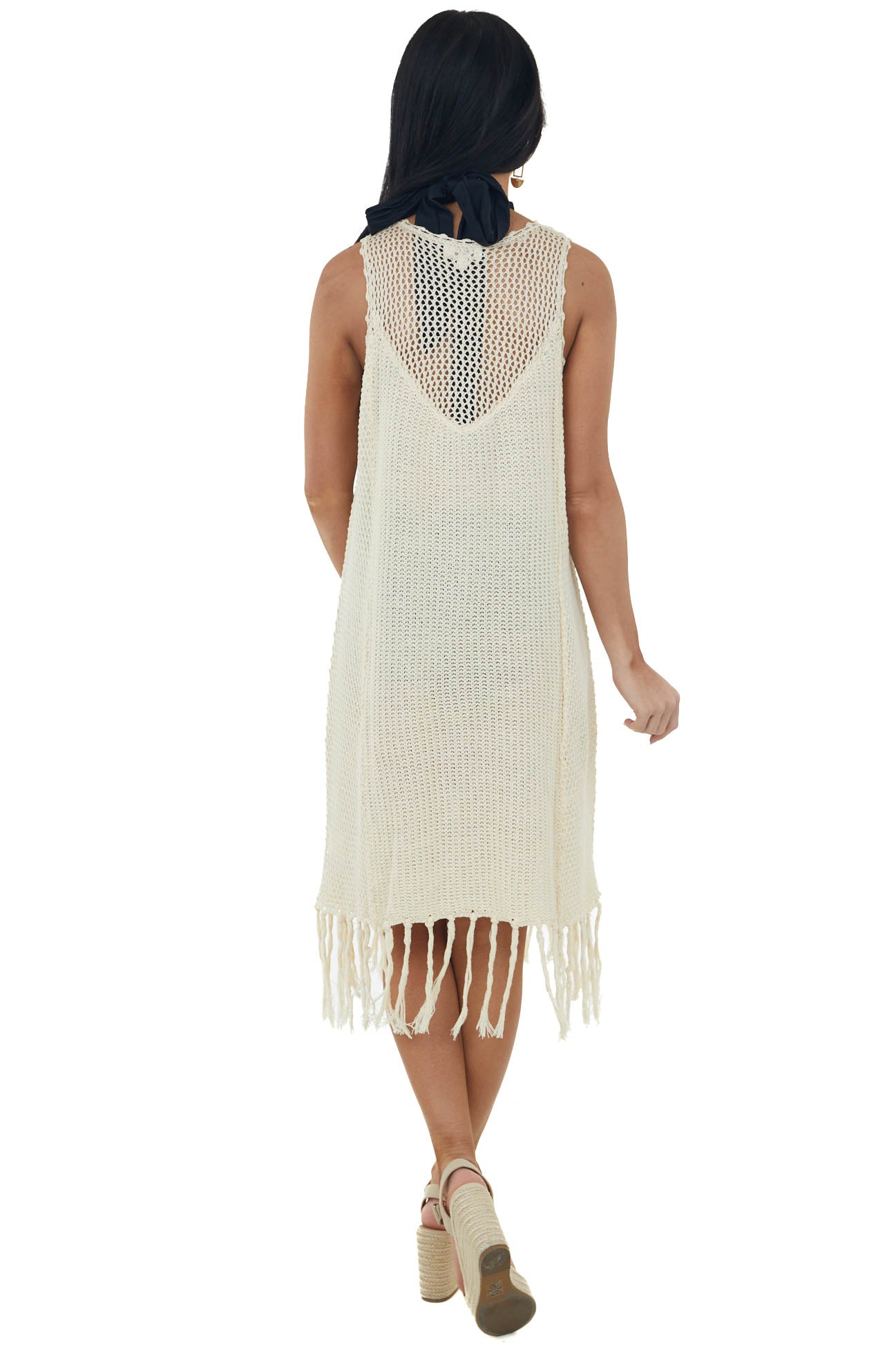 Cream Tassel Hemline Crochet Knit Short Dress