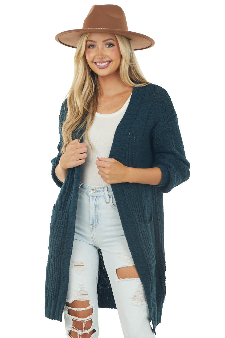 Dark Teal Open Front Twisted Knit Cardigan | Lime Lush