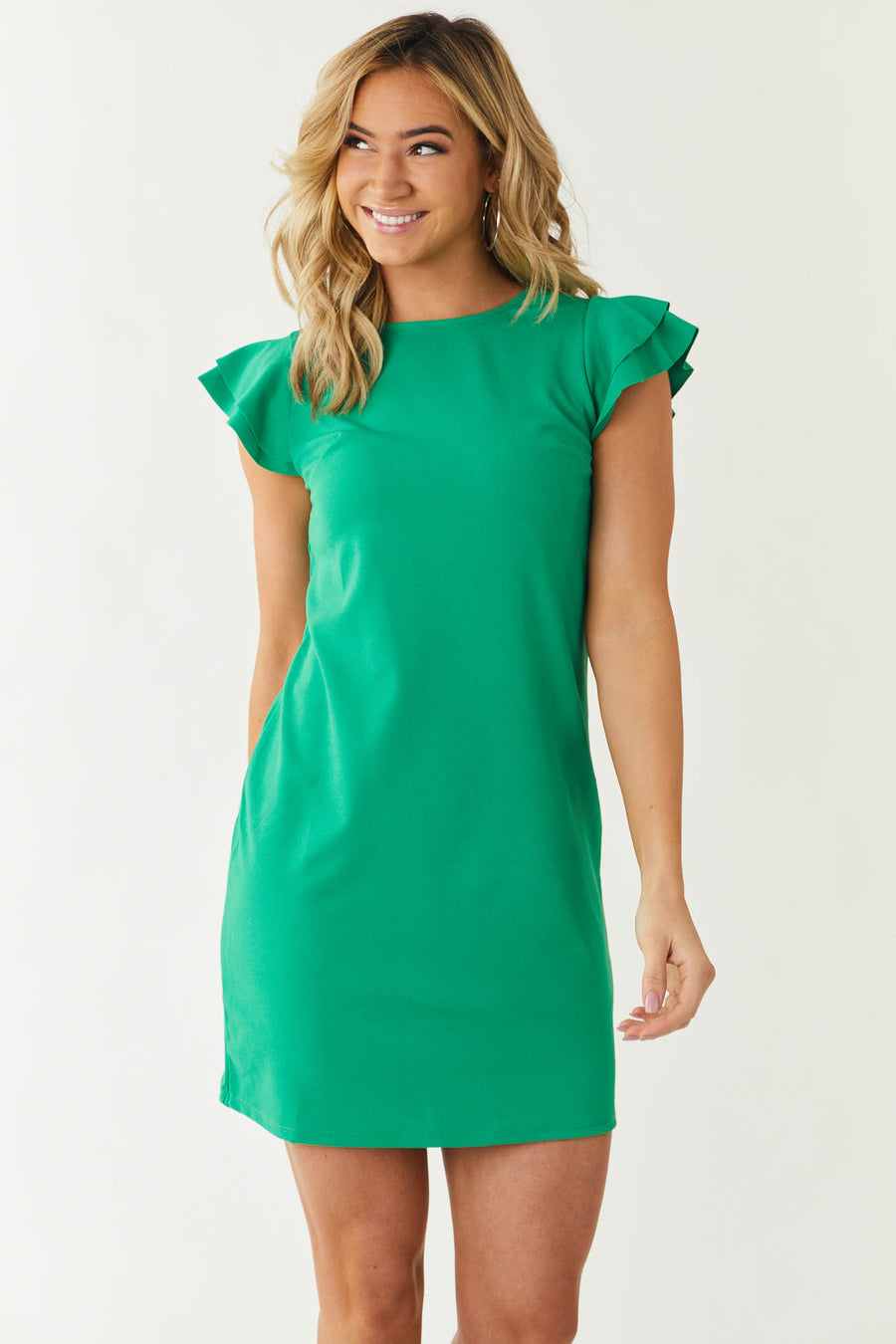 Jade Green Short Knit Dress with Layered Ruffle Cap Sleeves