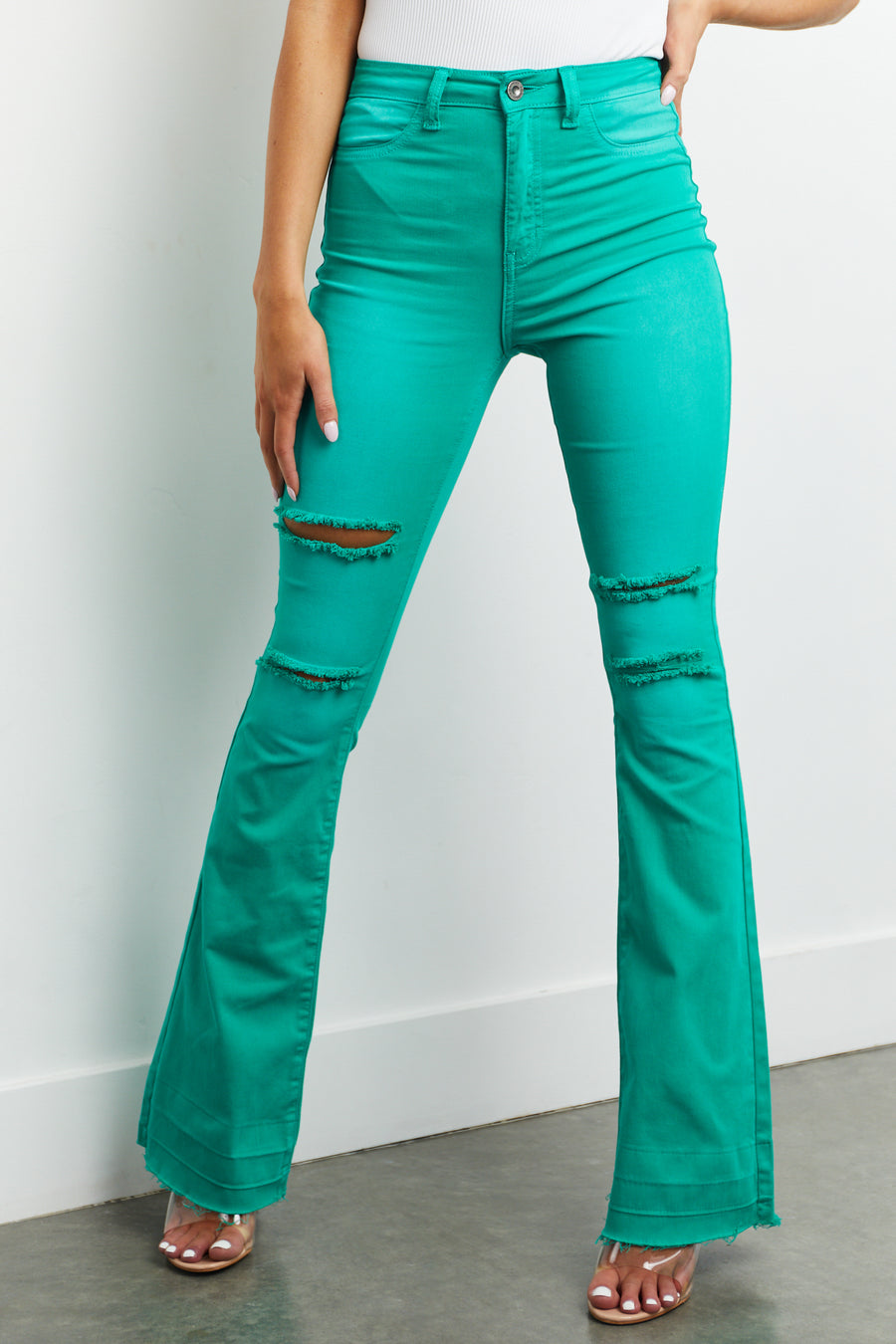 Aphrodite Kelly Green Washed High Rise Distressed Flare Jeans
