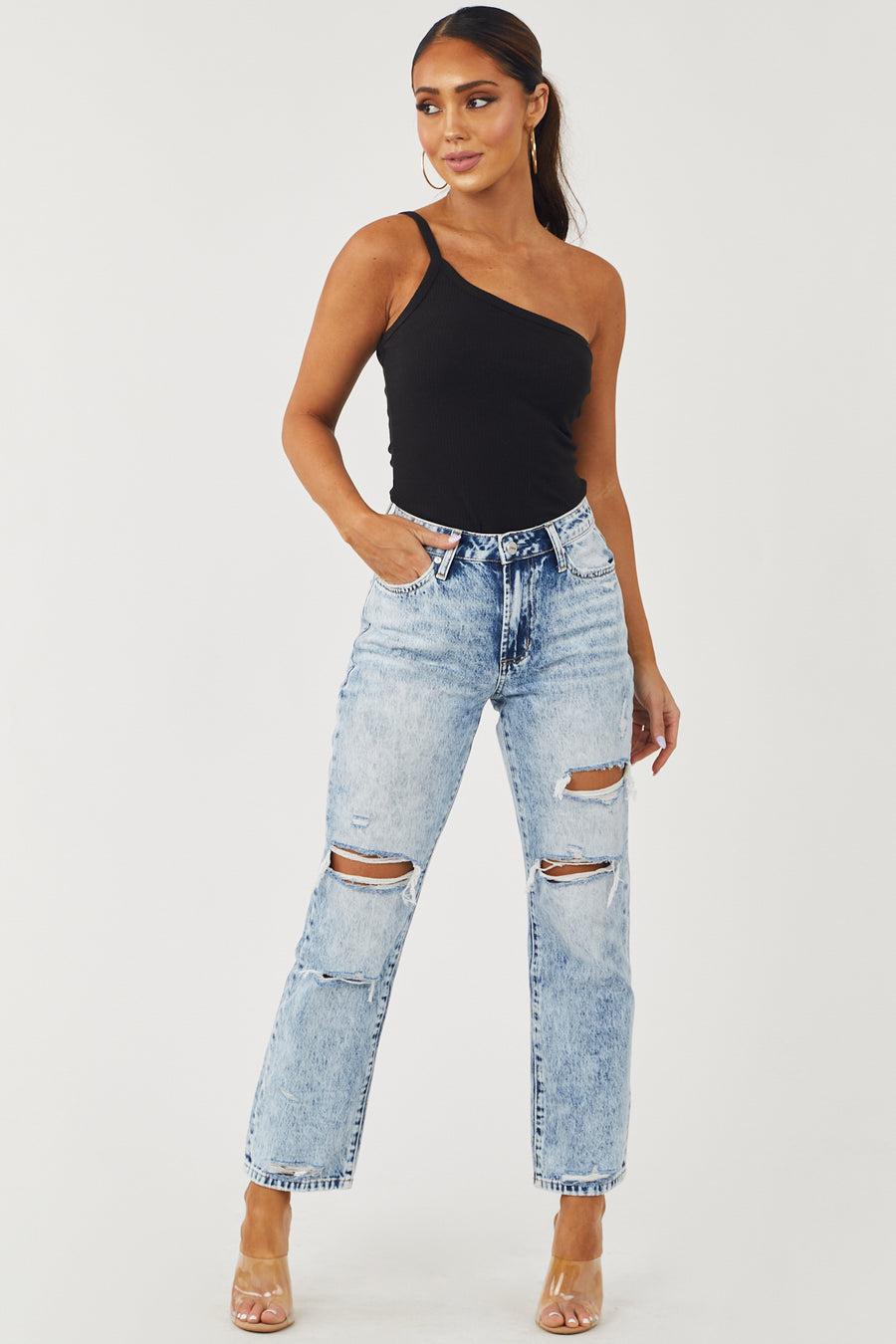 Light Acid Wash High Rise Ankle Straight Jeans