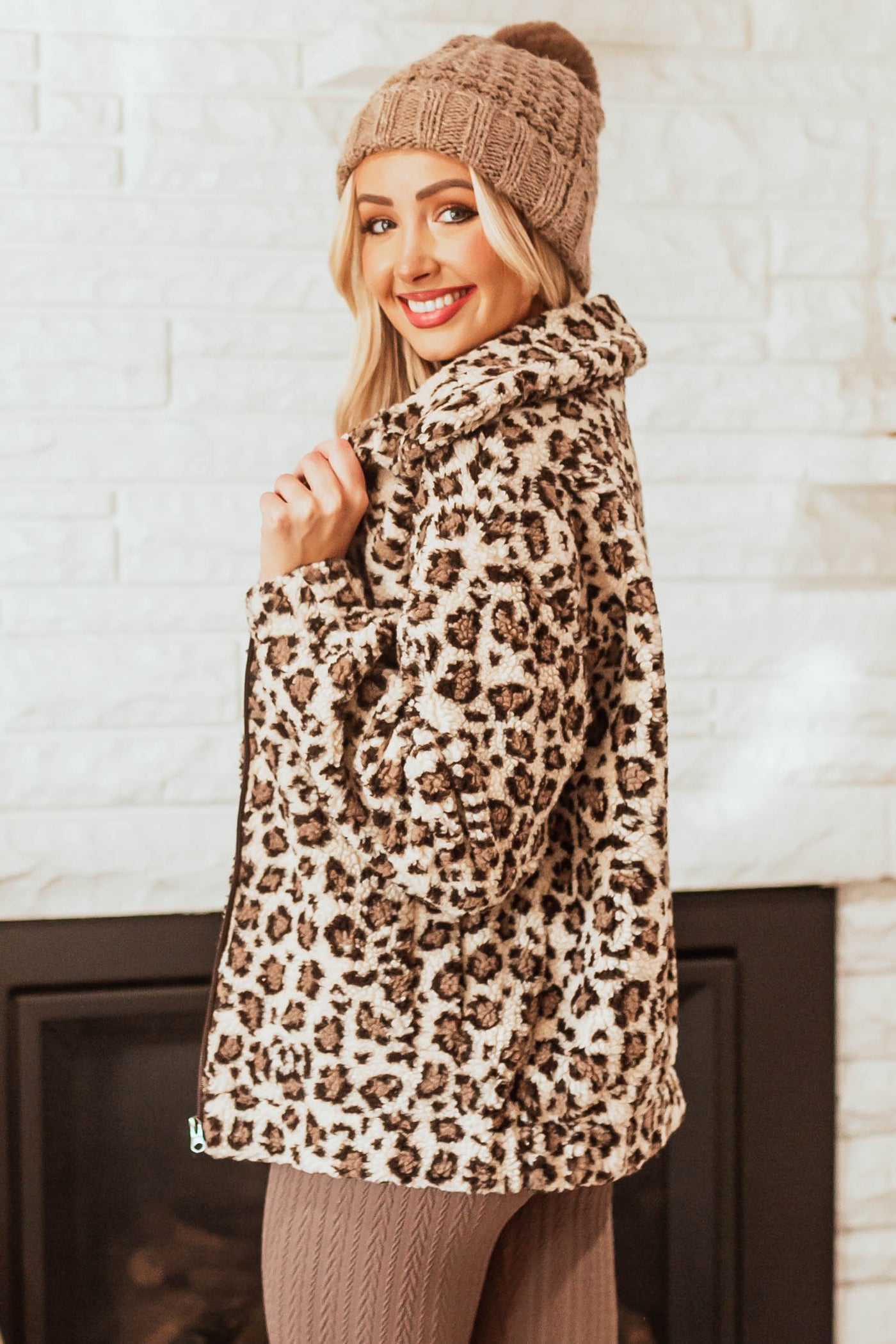 Light Beige Leopard Print Zip Up Sherpa Jacket