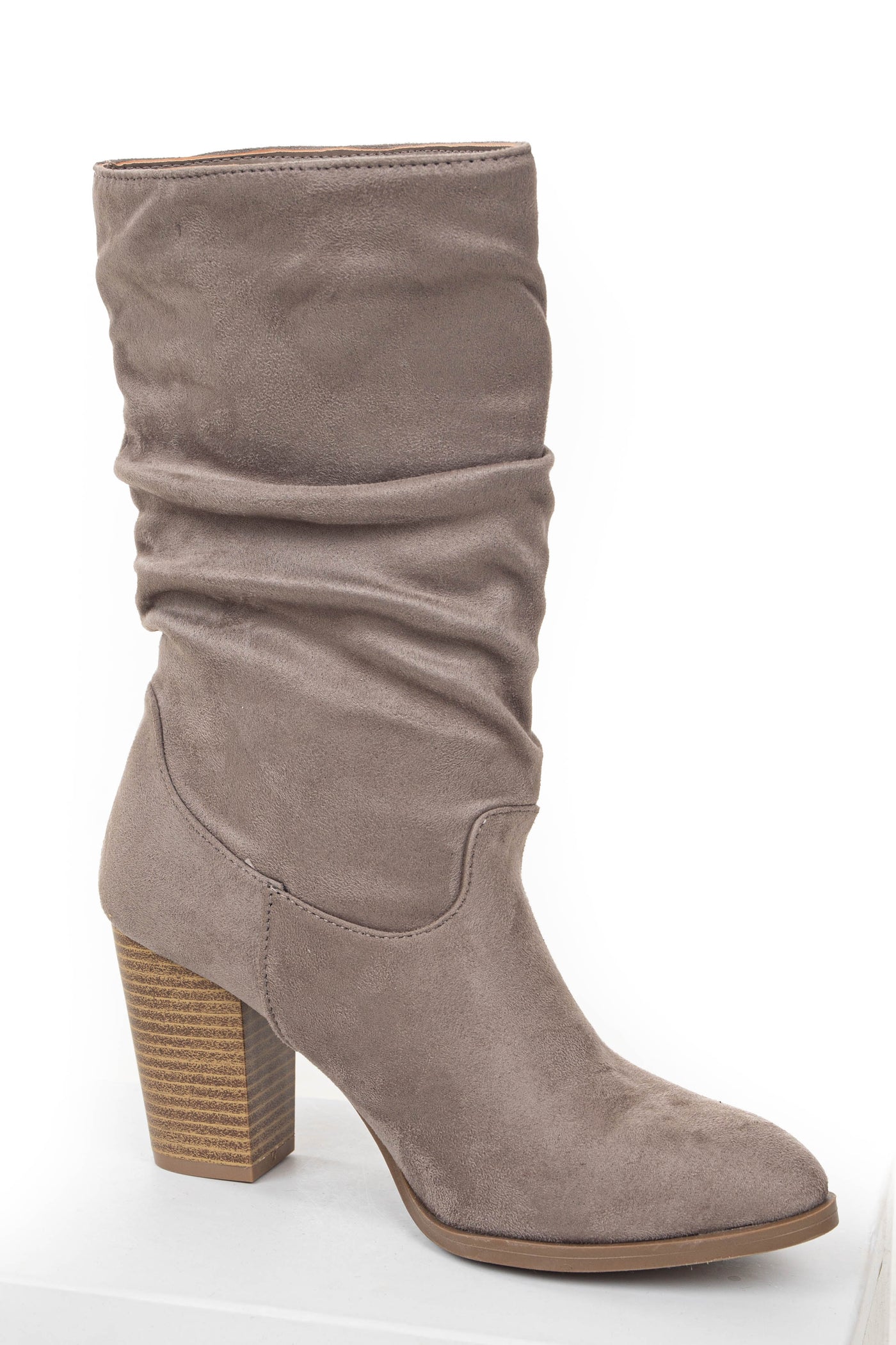 Light Taupe Faux Suede Slouchy Mid Calf Heel Boots