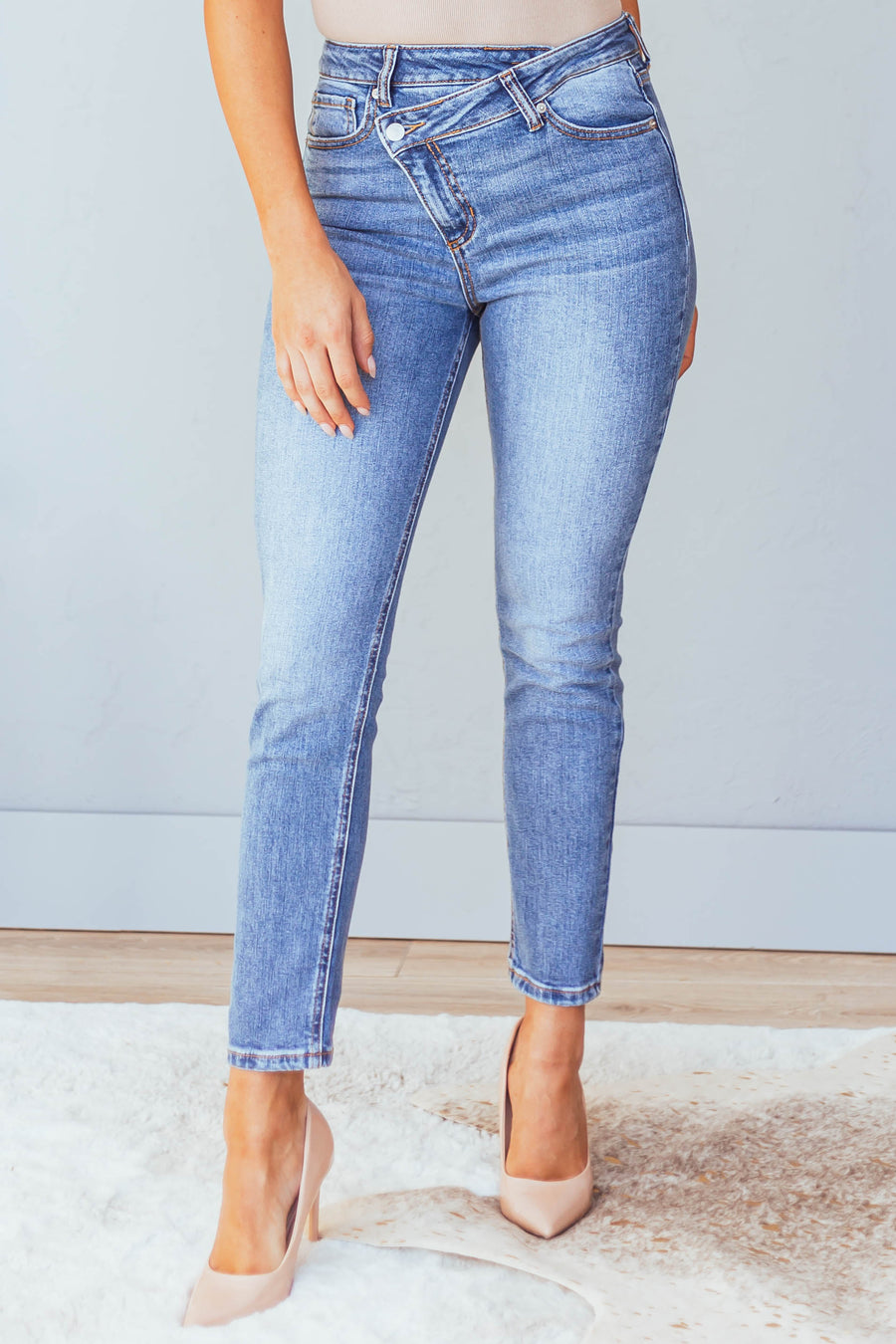 Medium Wash High Rise Skinny Jeans with Crossover Fly