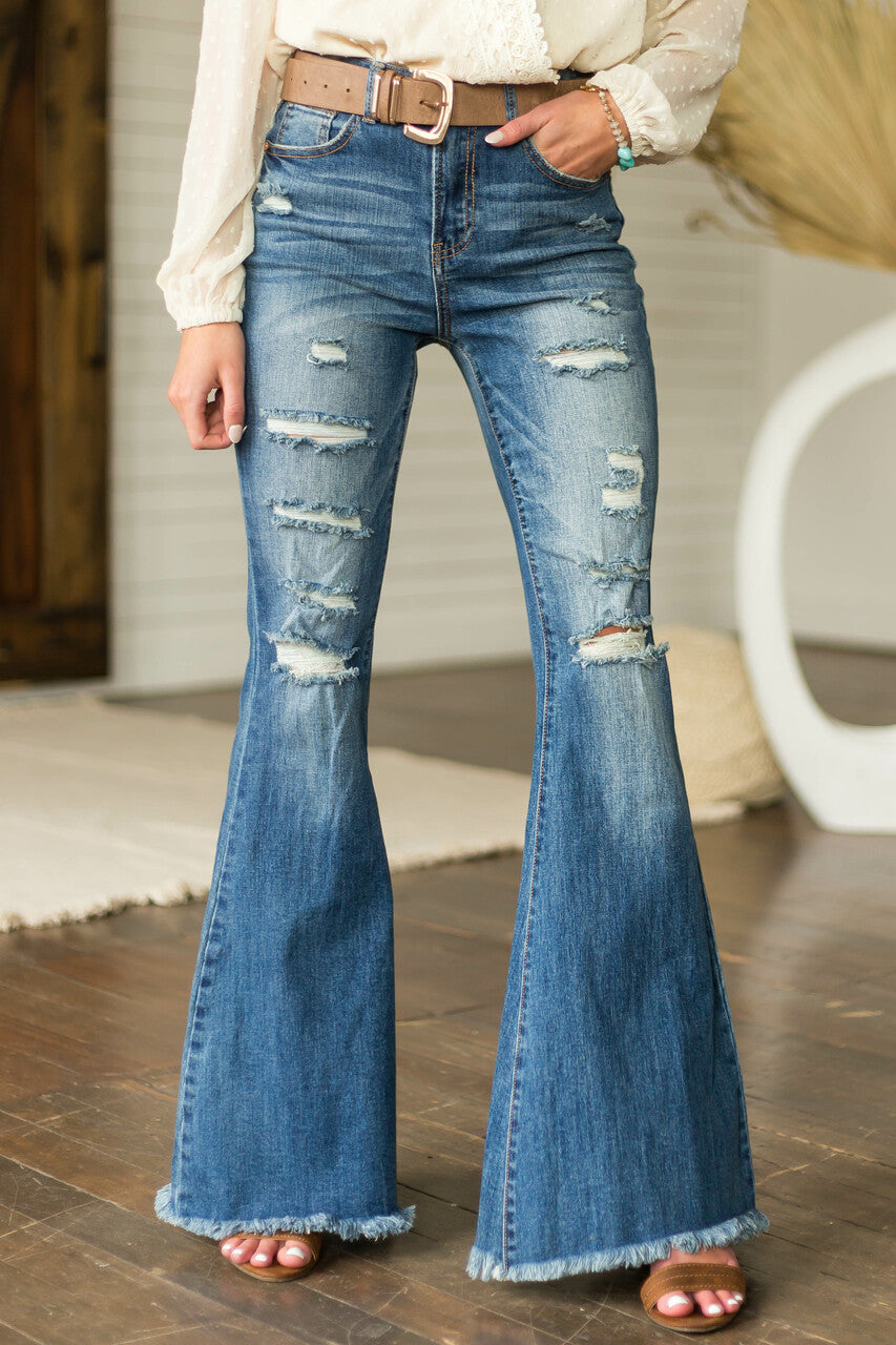 Medium Wash Frayed Hem High Rise Flare Jeans