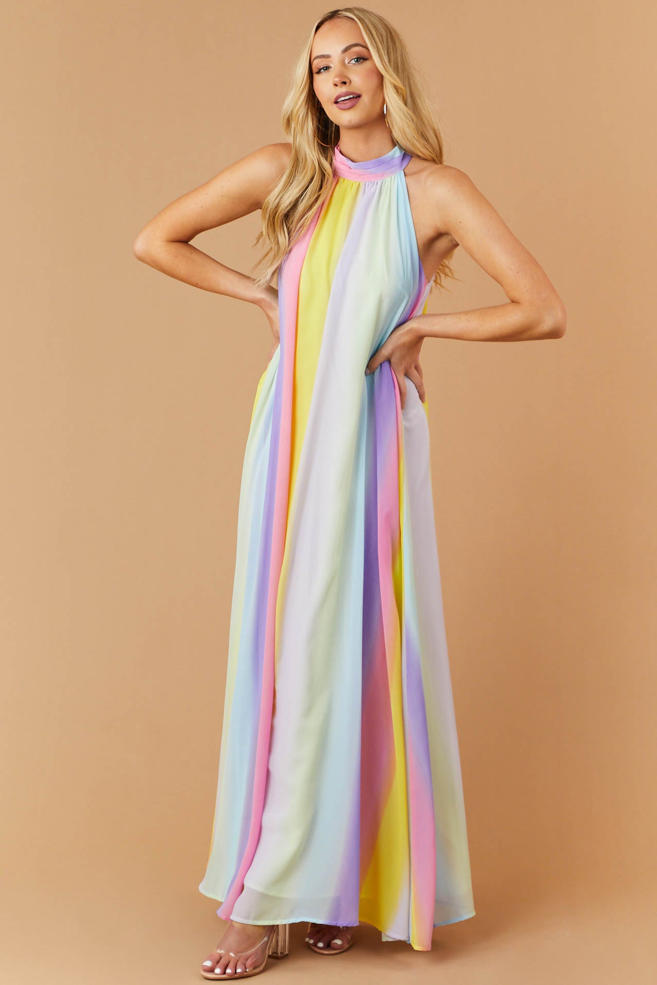 Multicolor Halter Neck Maxi Dress Lime Lush