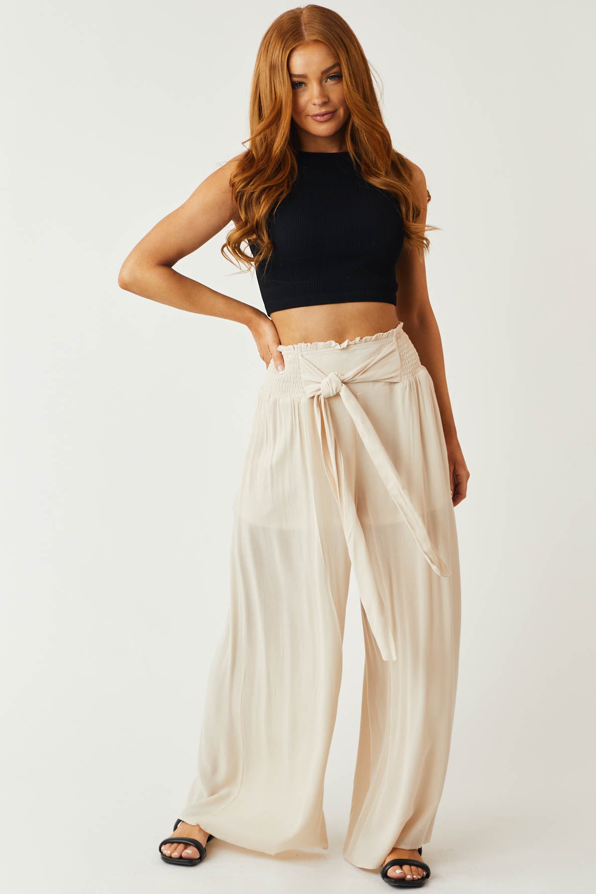 Natural Waist Tie Wide Leg Flowy Pants