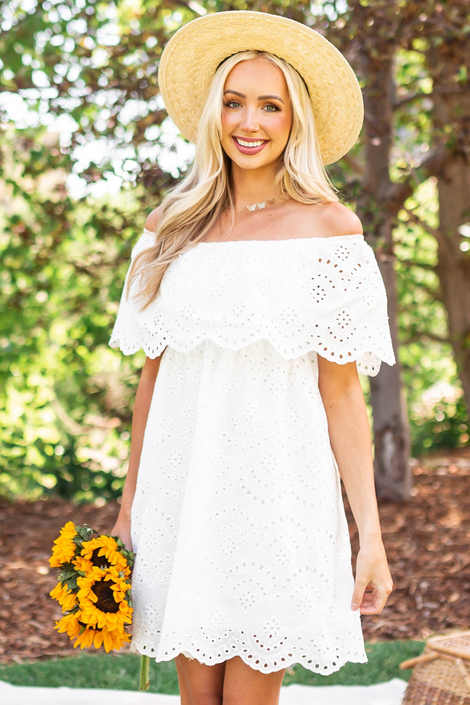 Off White Eyelet Lace Off Shoulder Short Dress