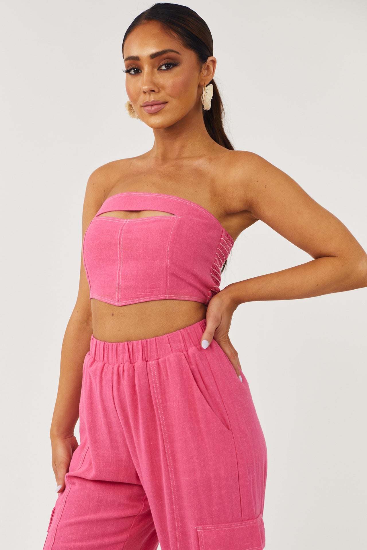 Raspberry Strapless Smocked Cut Out Bandeau Top & Lime Lush