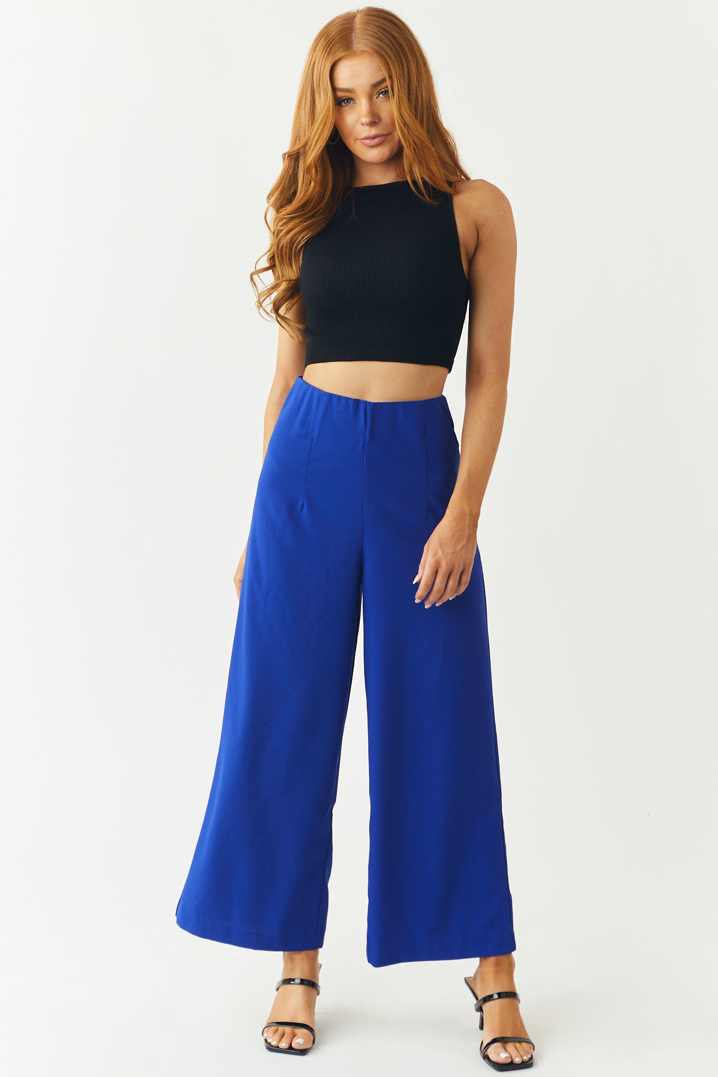 Royal Blue Elastic Waist Wide Leg Cropped Pants