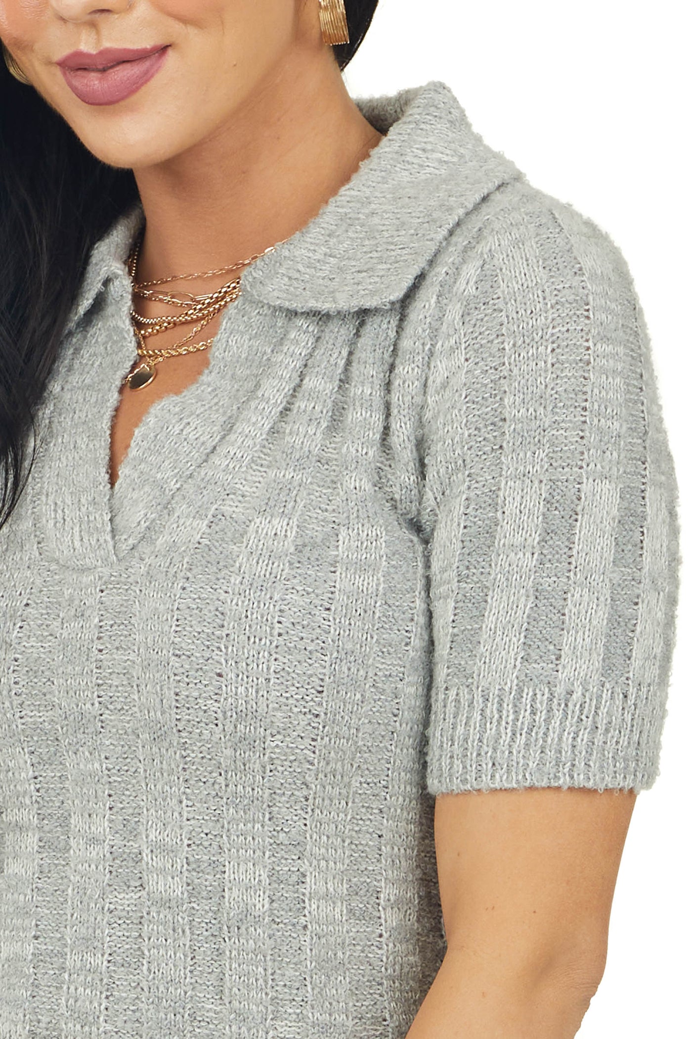 Steel Short Sleeve Collared Ribbed Knit Sweater