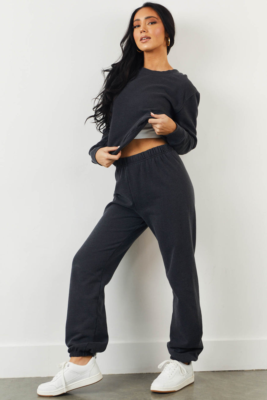Washed Black Fleece Lined Solid Cotton Sweatpants