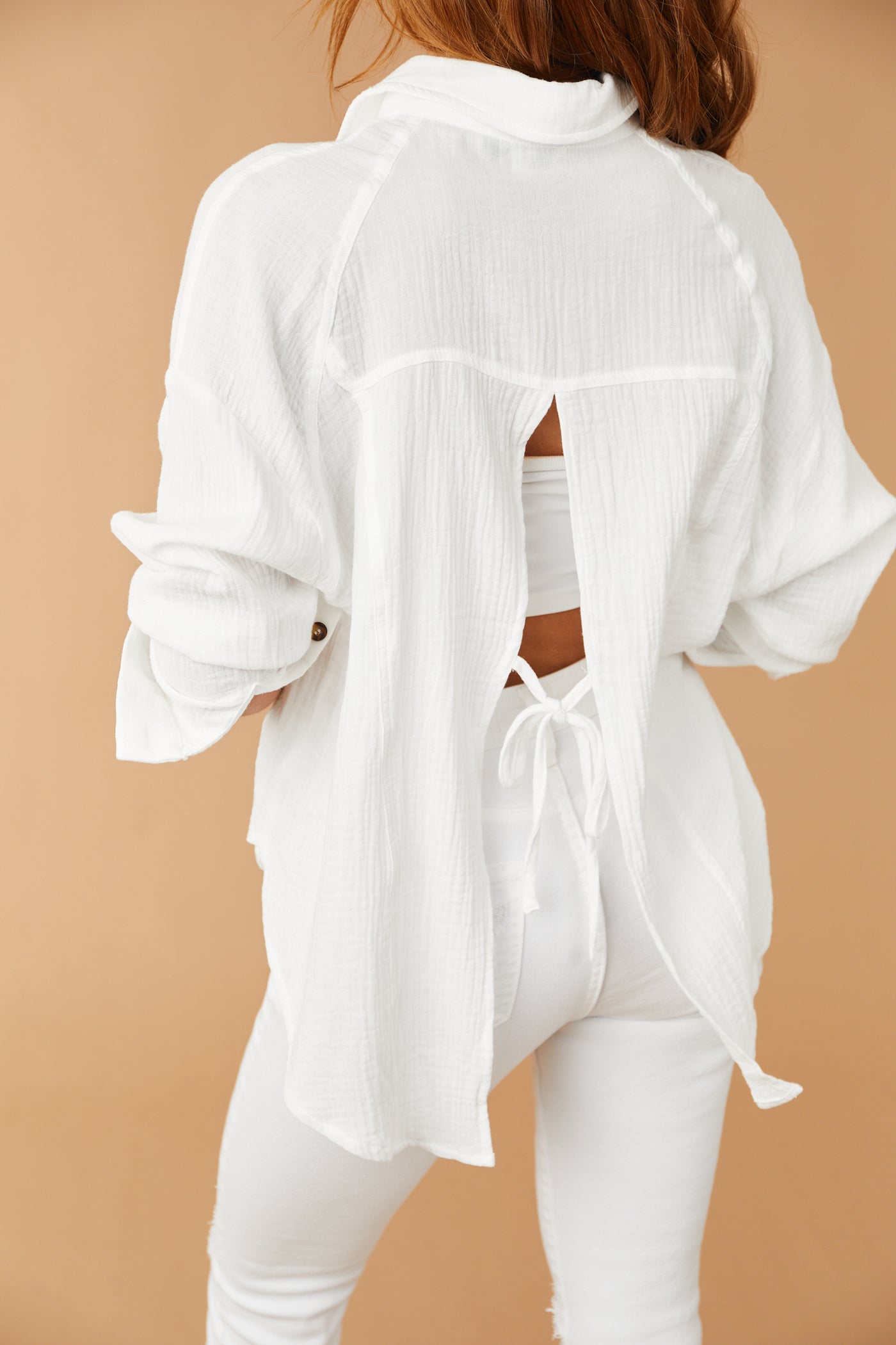 White Button Up Blouse with Open Tie Back