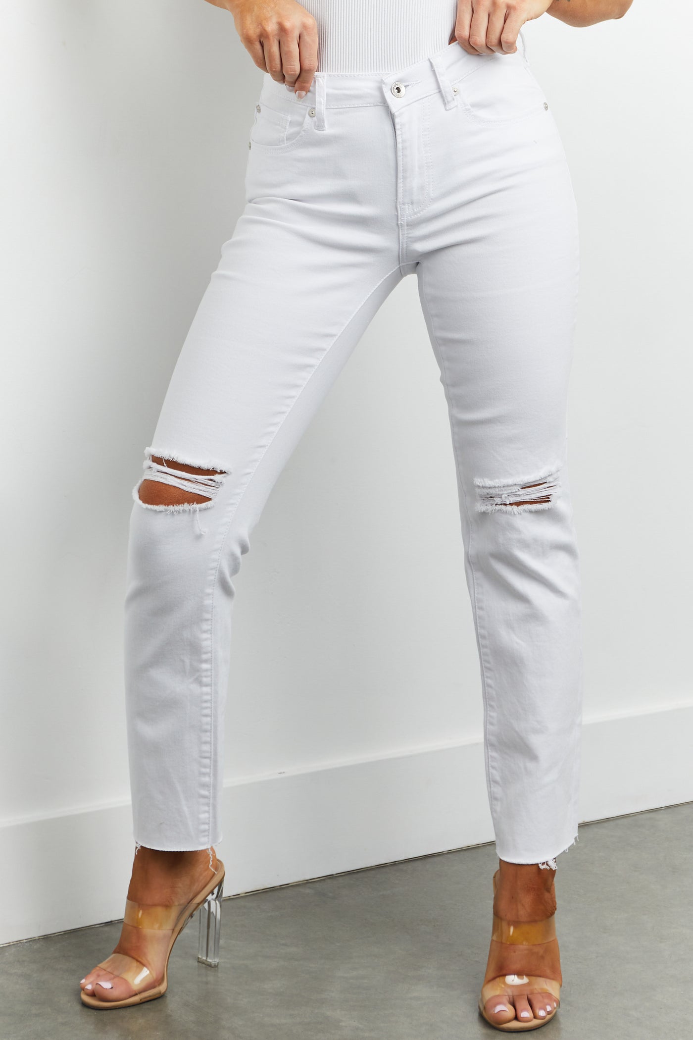 White Mid Rise Distressed Raw Cut Hem Jeans