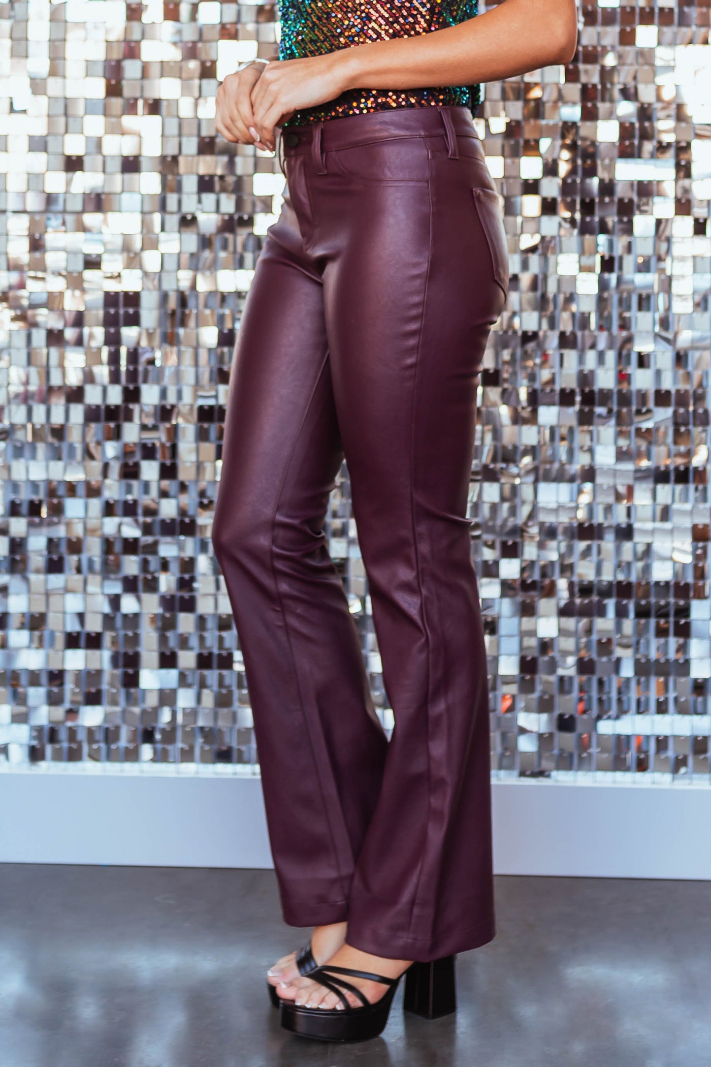Wine Faux Leather Mid Rise Bootcut Pants