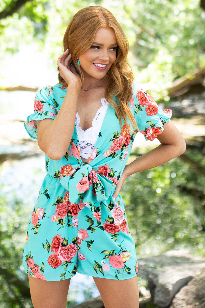 Turquoise and Floral Print Deep V Romper