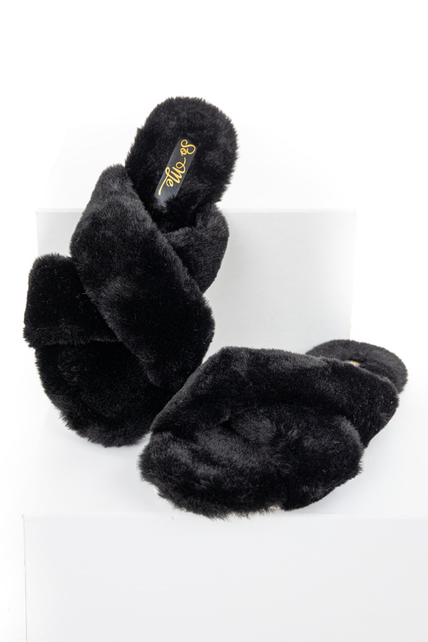 Black Fuzzy Open Toed Slippers with Criss Cross Tops