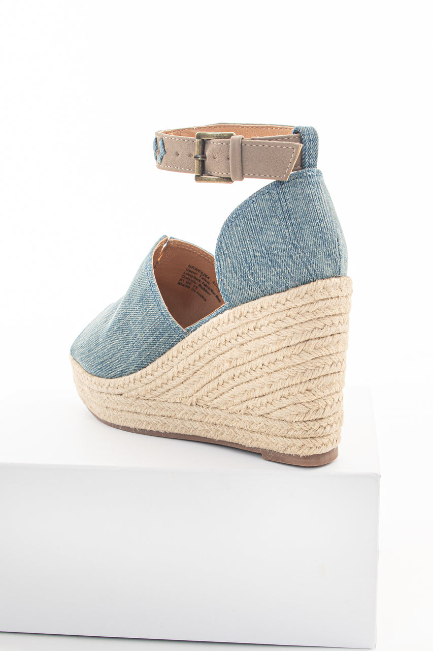 Denim Open Toed Espadrille Wedge with Ankle Strap