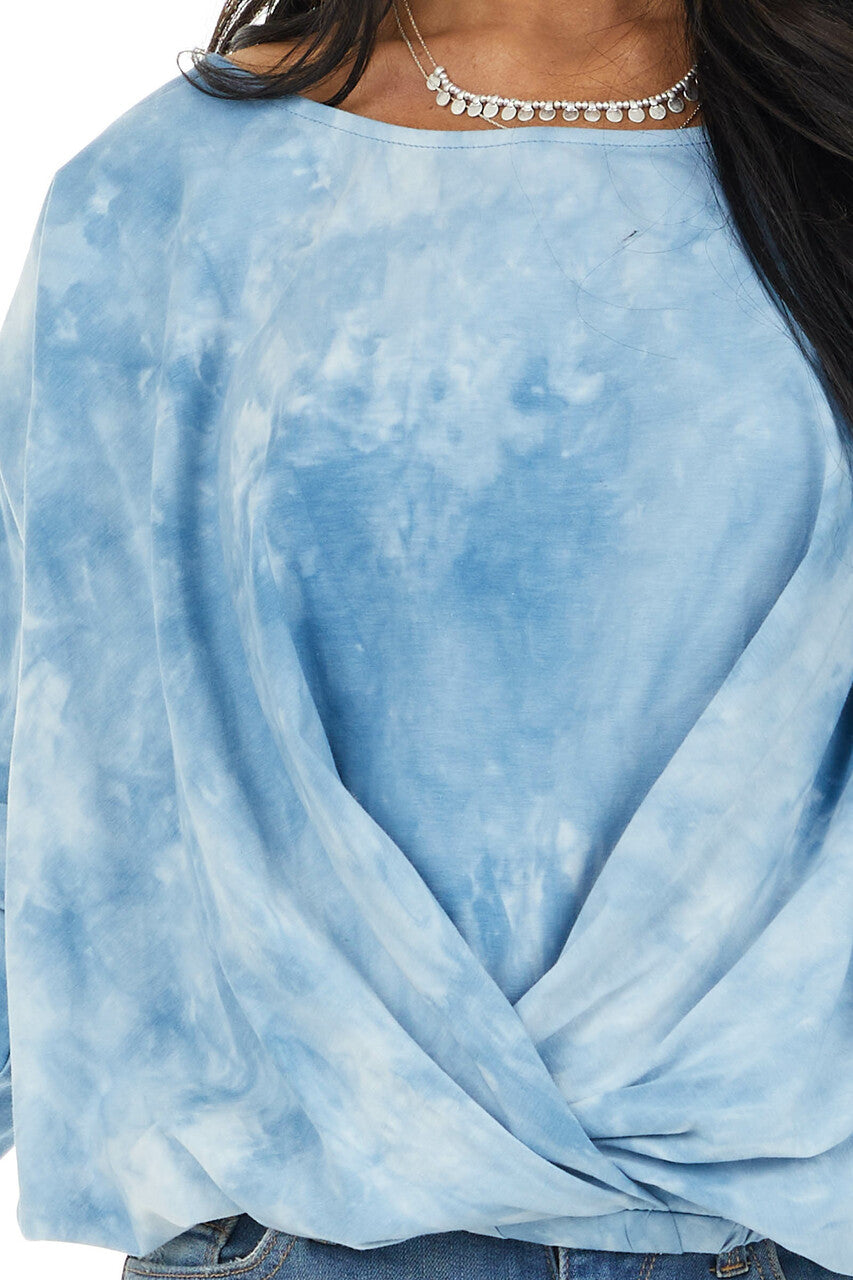 Powder Blue Tie Dye Long Sleeve Top with Elastic Hemline