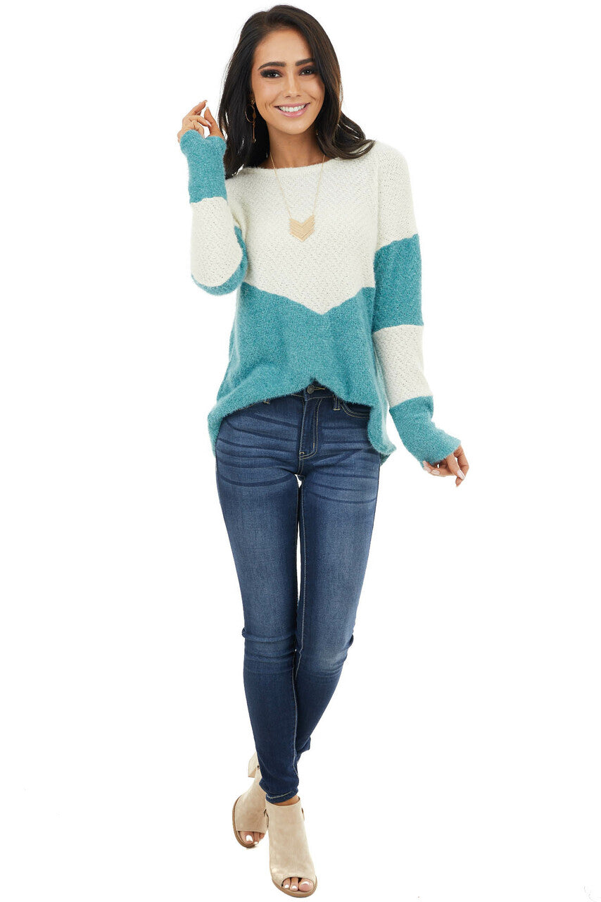 Teal and Cream Colorblock Sweater with Loose Knit Detail