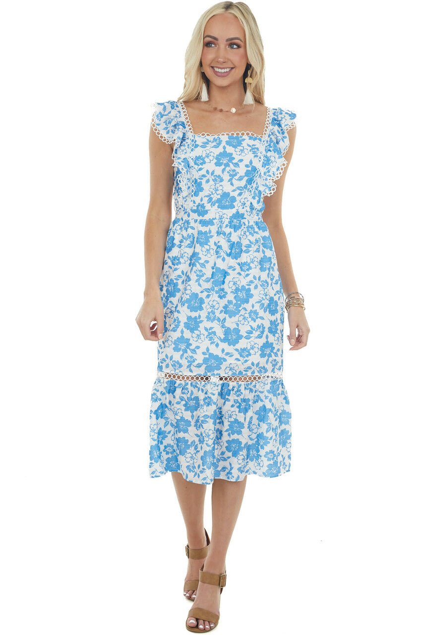 Sapphire Blue Floral Open Back Lace Midi Dress Lime Lush