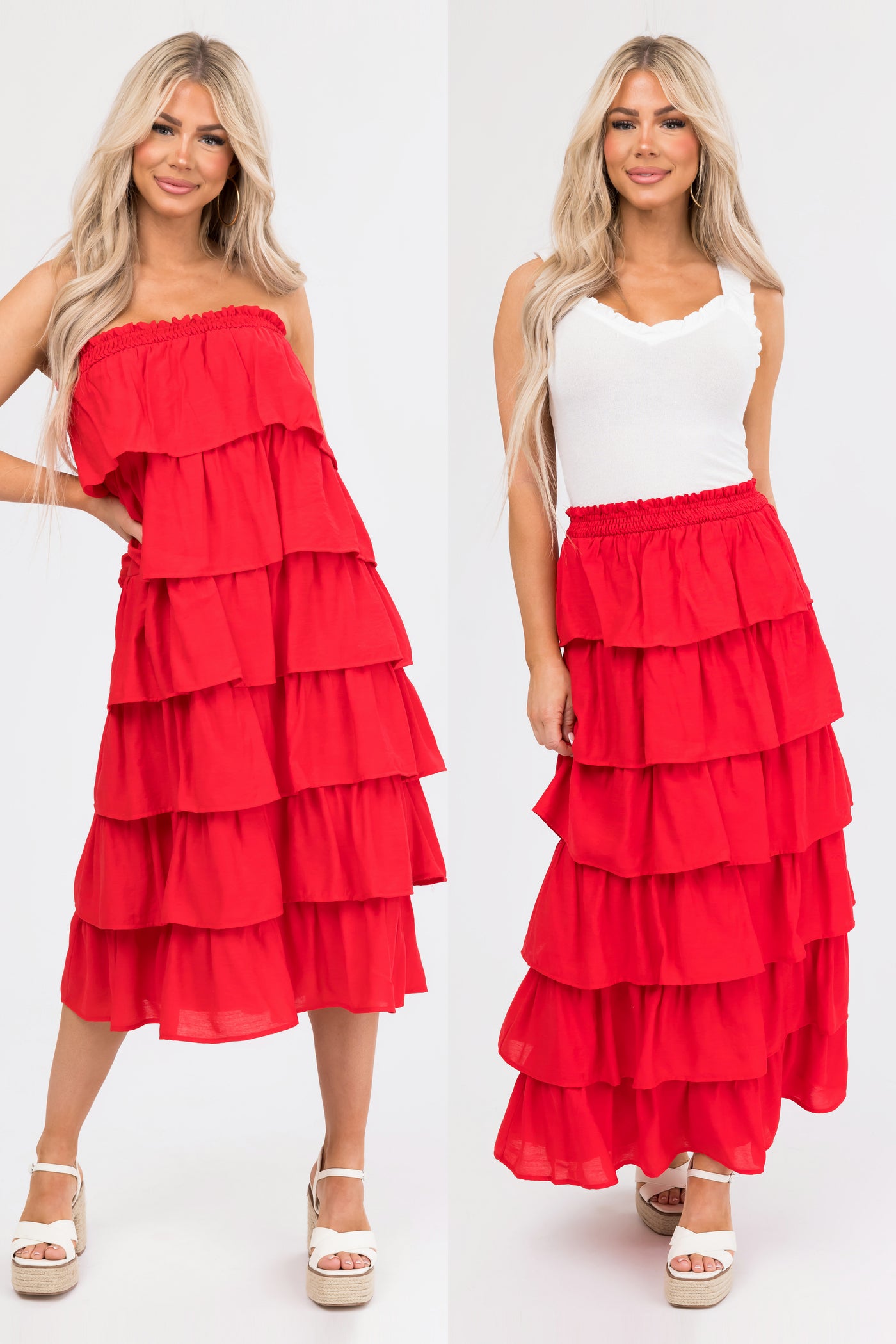 Scarlet Ruffle Convertible Maxi Skirt Midi Dress Split Screen