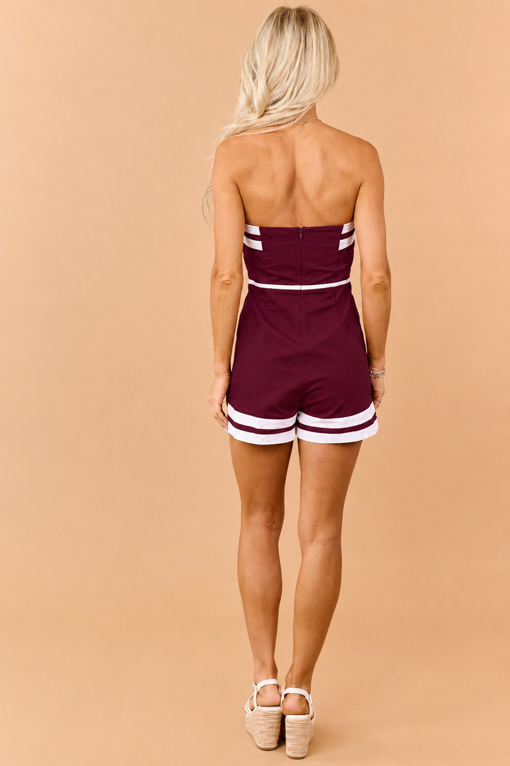 Burgundy Denim Contrast Trim Strapless Romper